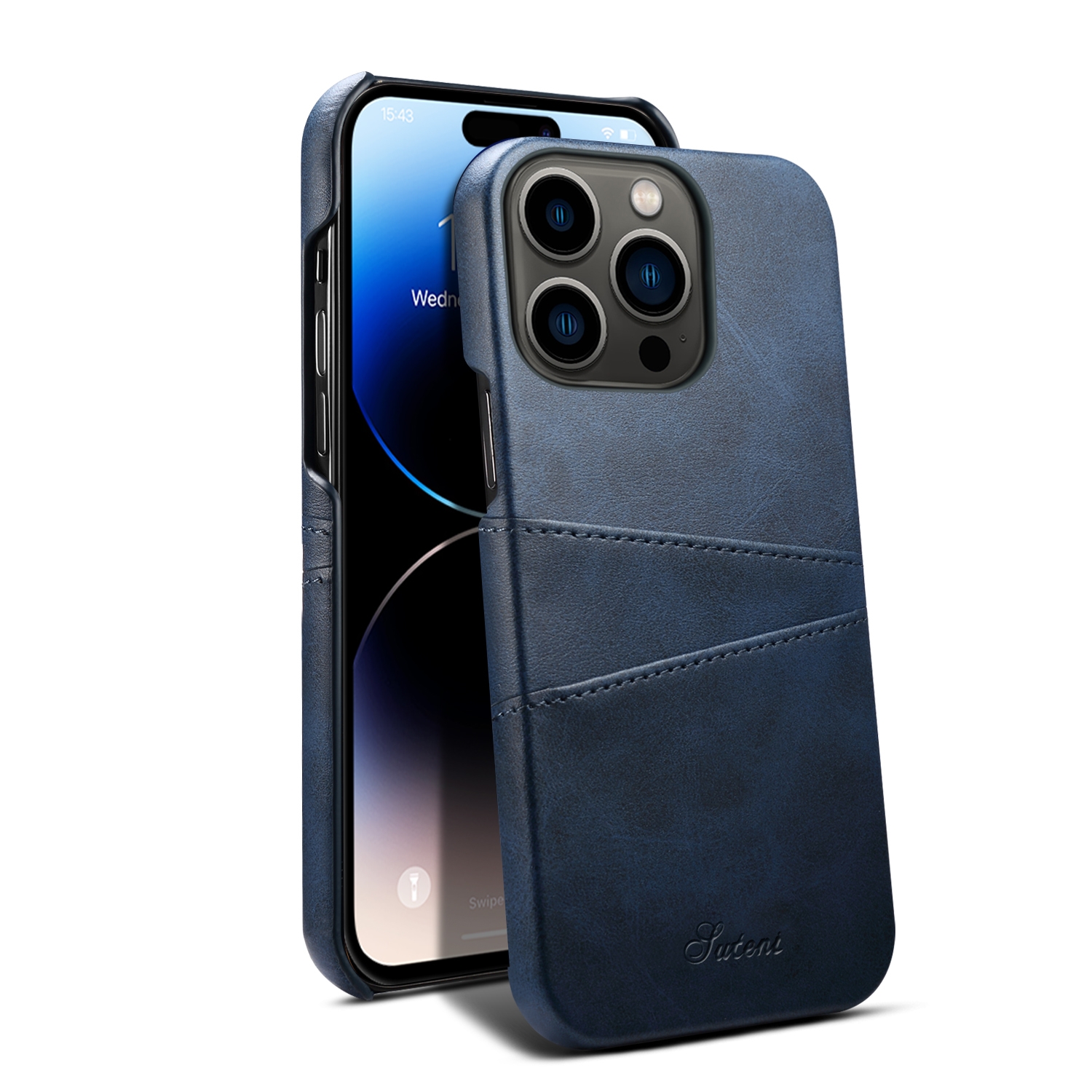 For iPhone 15 Pro Suteni Calf Texture Back Cover Phone Case with Card Slots(Blue) - Shopkiz.com