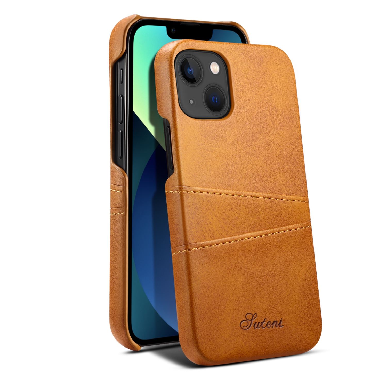 For iPhone 15 Plus Suteni Calf Texture Back Cover Phone Case with Card Slots(Khaki) - Shopkiz.com