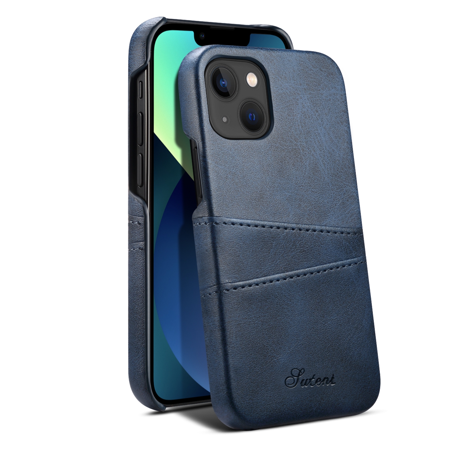 For iPhone 15 Plus Suteni Calf Texture Back Cover Phone Case with Card Slots(Blue) - Shopkiz.com