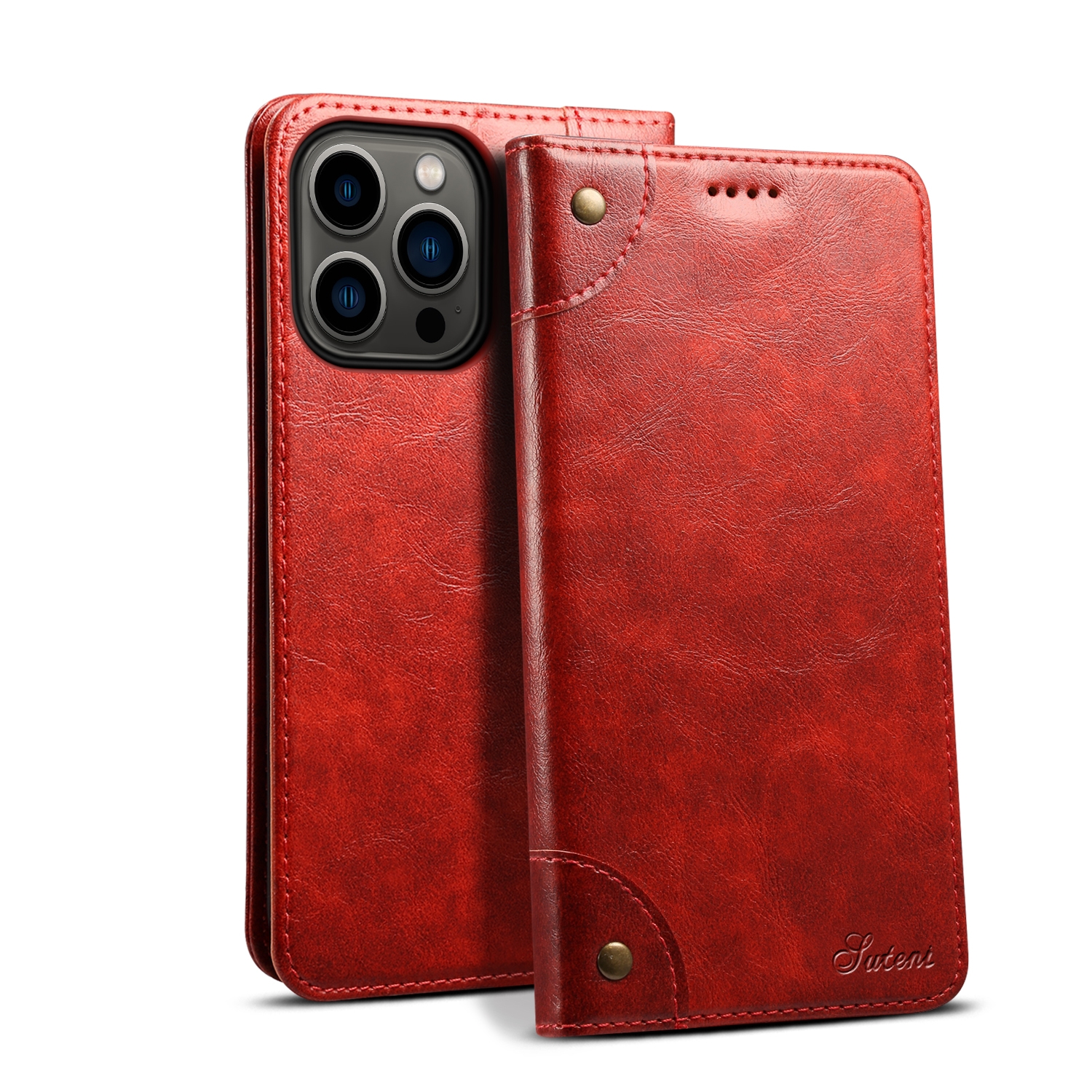 For iPhone 15 Pro Max Suteni Baroque Calf Texture Buckle Wallet Leather Phone Case(Red) - Shopkiz.com