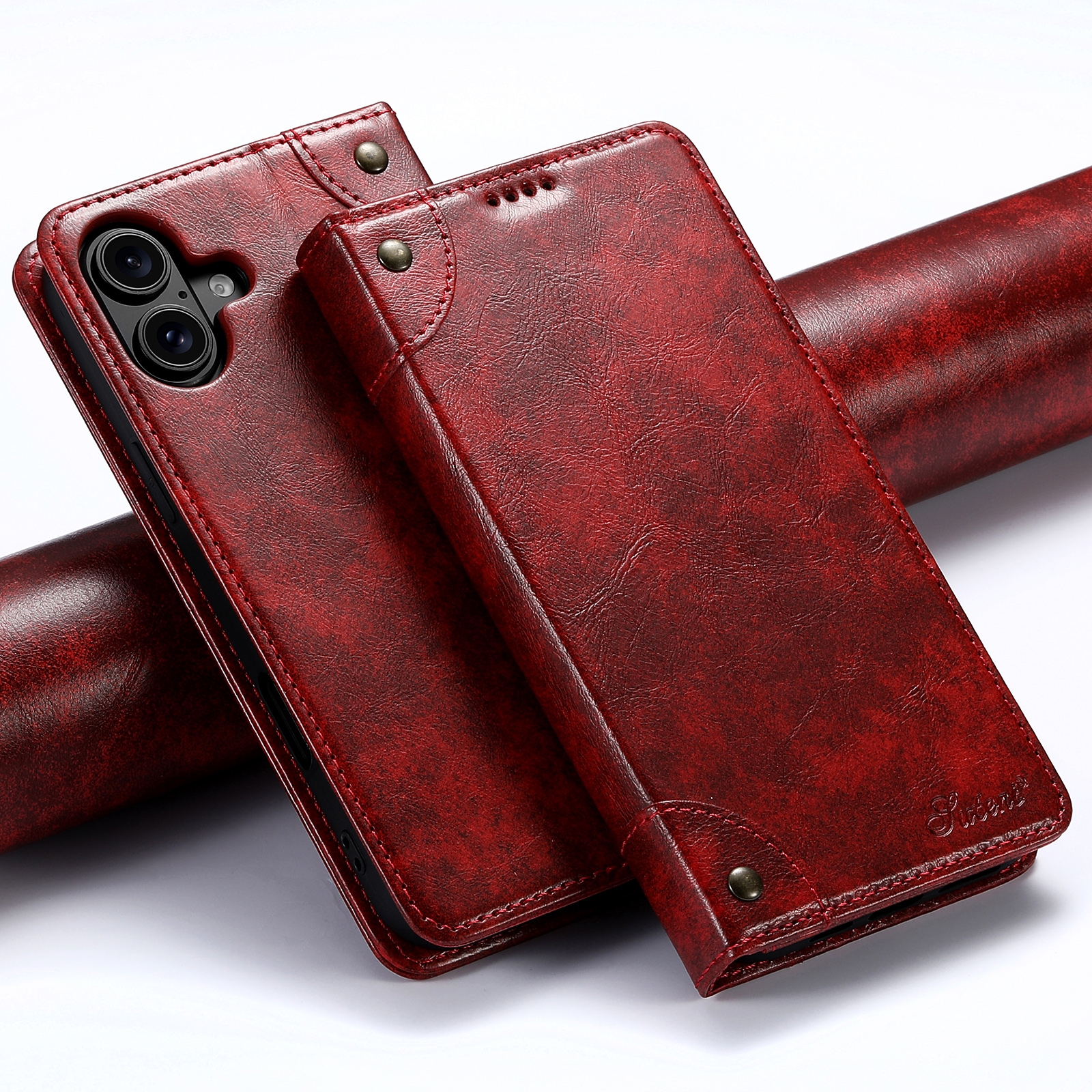 For iPhone 16 Suteni Baroque Calf Texture Buckle Wallet Leather Phone Case(Red) - Shopkiz.com