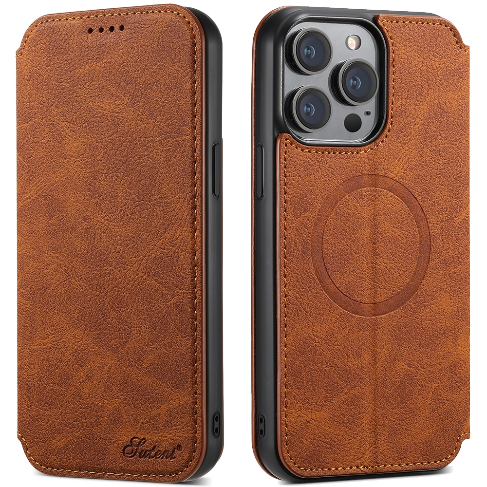 For iPhone 15 Pro Suteni J06 Retro Matte Litchi Texture Leather MagSafe Phone Case(Khaki) - Shopkiz.com