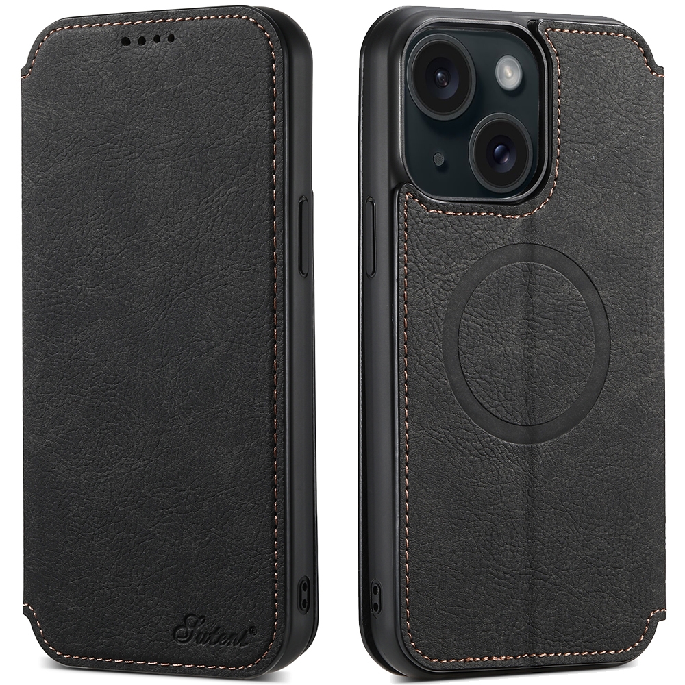 For iPhone 15 Suteni J06 Retro Matte Litchi Texture Leather MagSafe Phone Case(Black) - Shopkiz.com