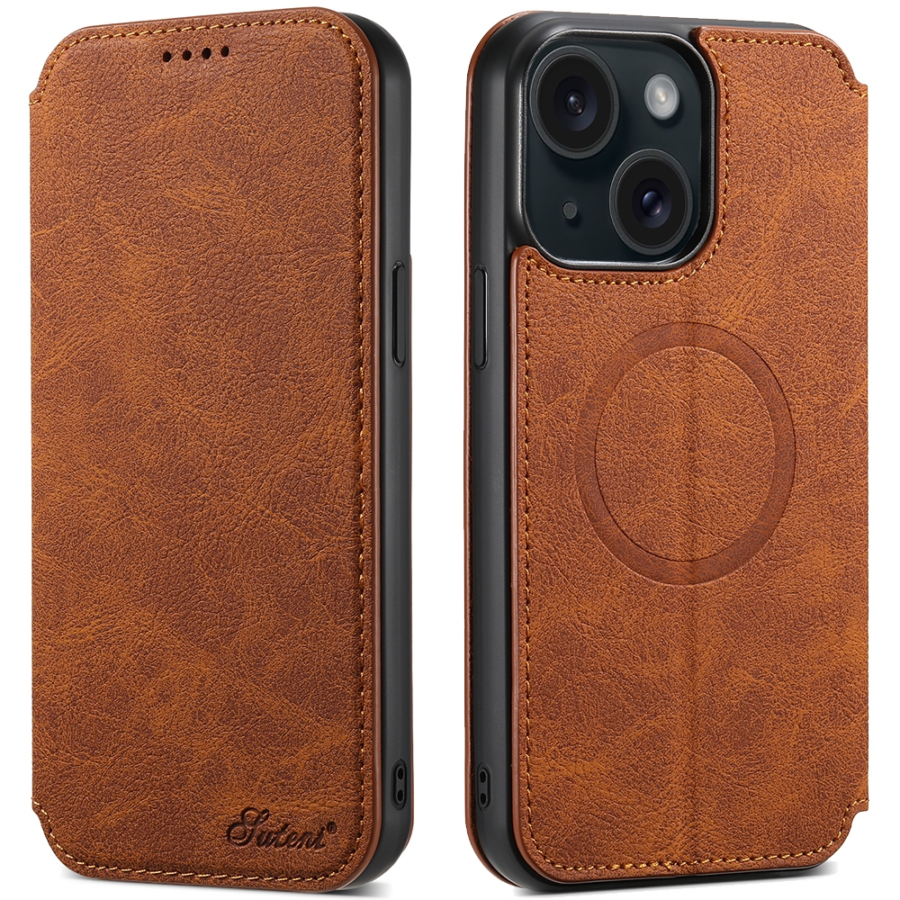 For iPhone 15 Suteni J06 Retro Matte Litchi Texture Leather MagSafe Phone Case(Khaki) - Shopkiz.com