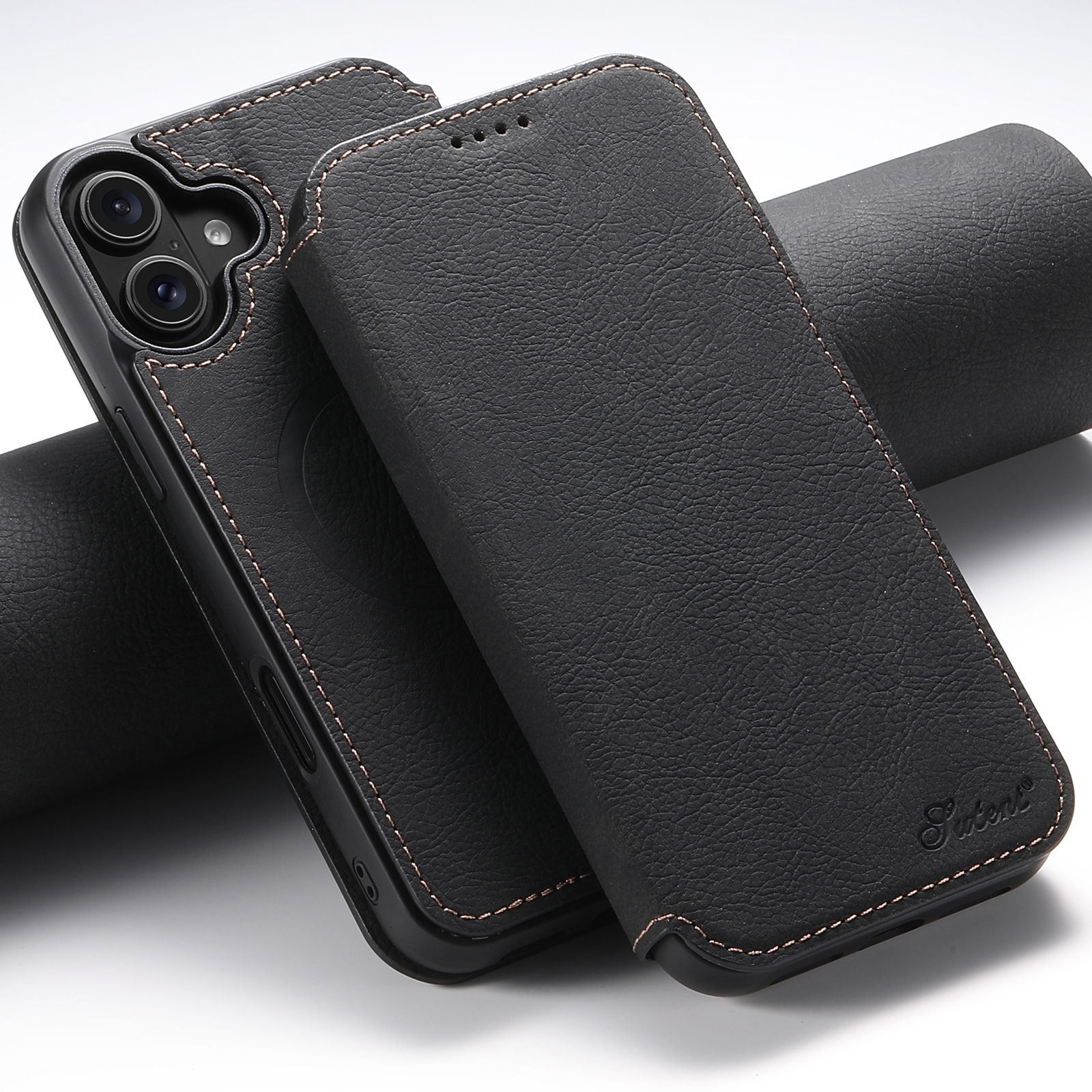 For iPhone 16 Plus Suteni J06 Retro Matte Litchi Texture Leather MagSafe Phone Case(Black) - Shopkiz.com
