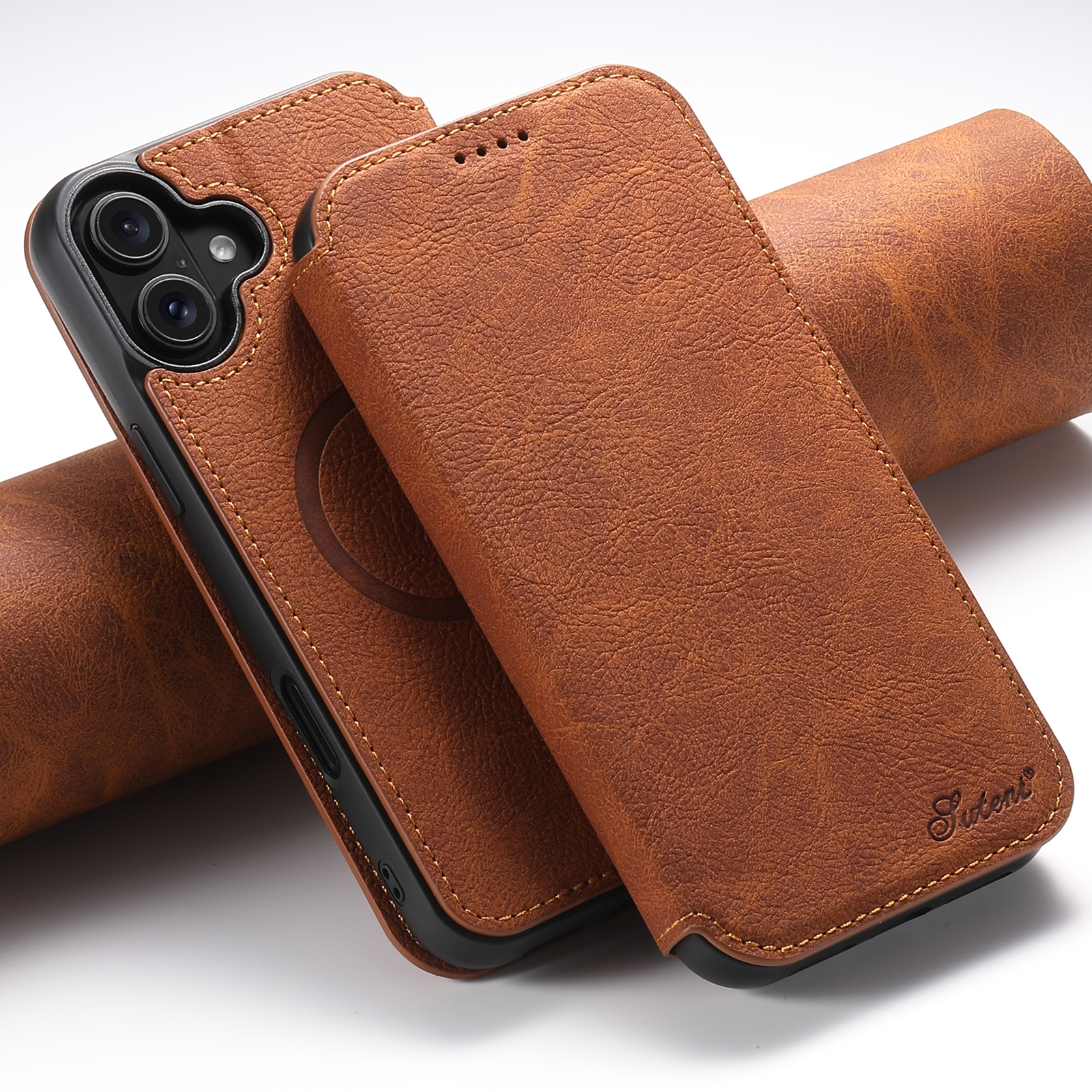 For iPhone 16 Plus Suteni J06 Retro Matte Litchi Texture Leather MagSafe Phone Case(Khaki) - Shopkiz.com