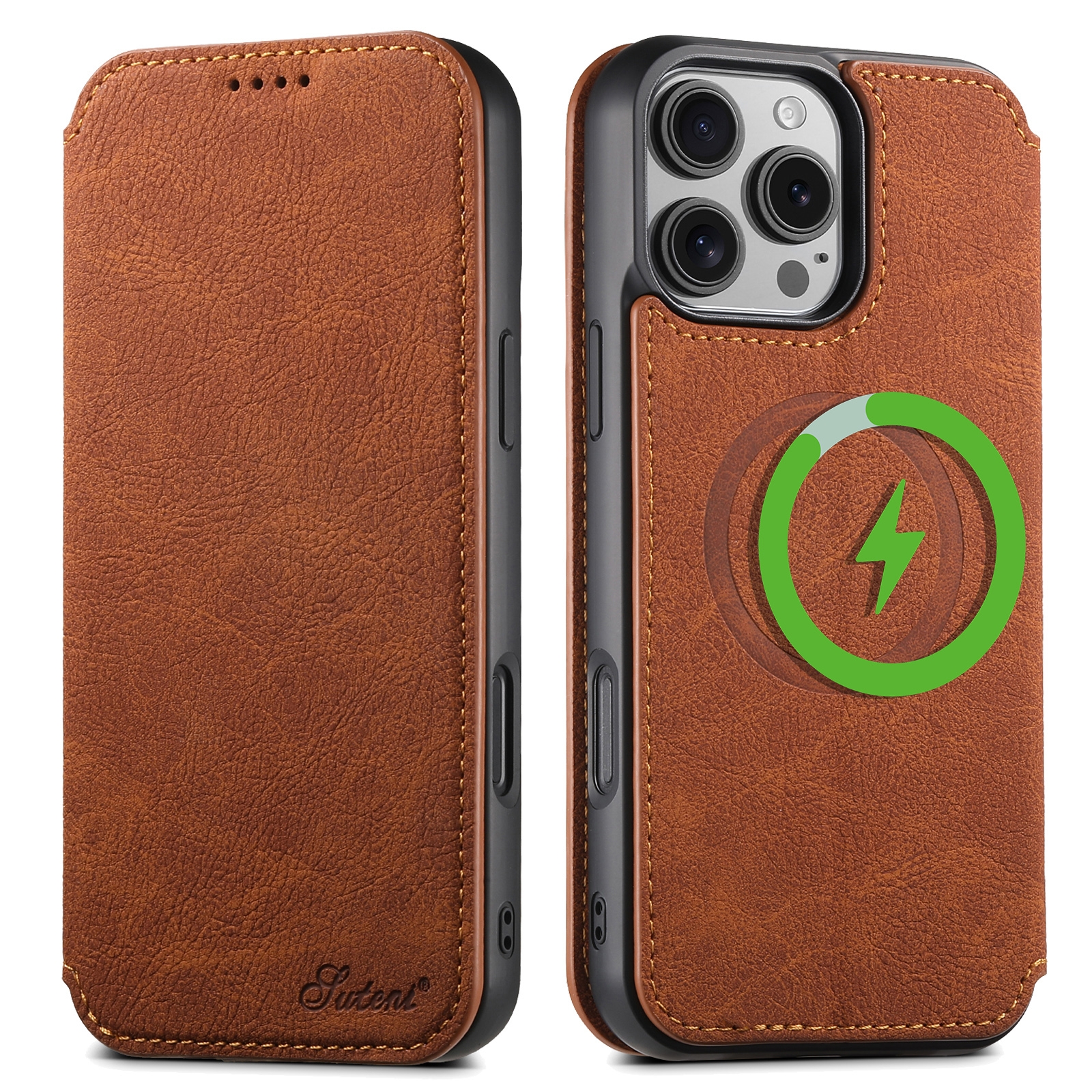 For iPhone 16 Pro Max Suteni J06 Retro Matte Litchi Texture Leather MagSafe Phone Case(Khaki) - Shopkiz.com