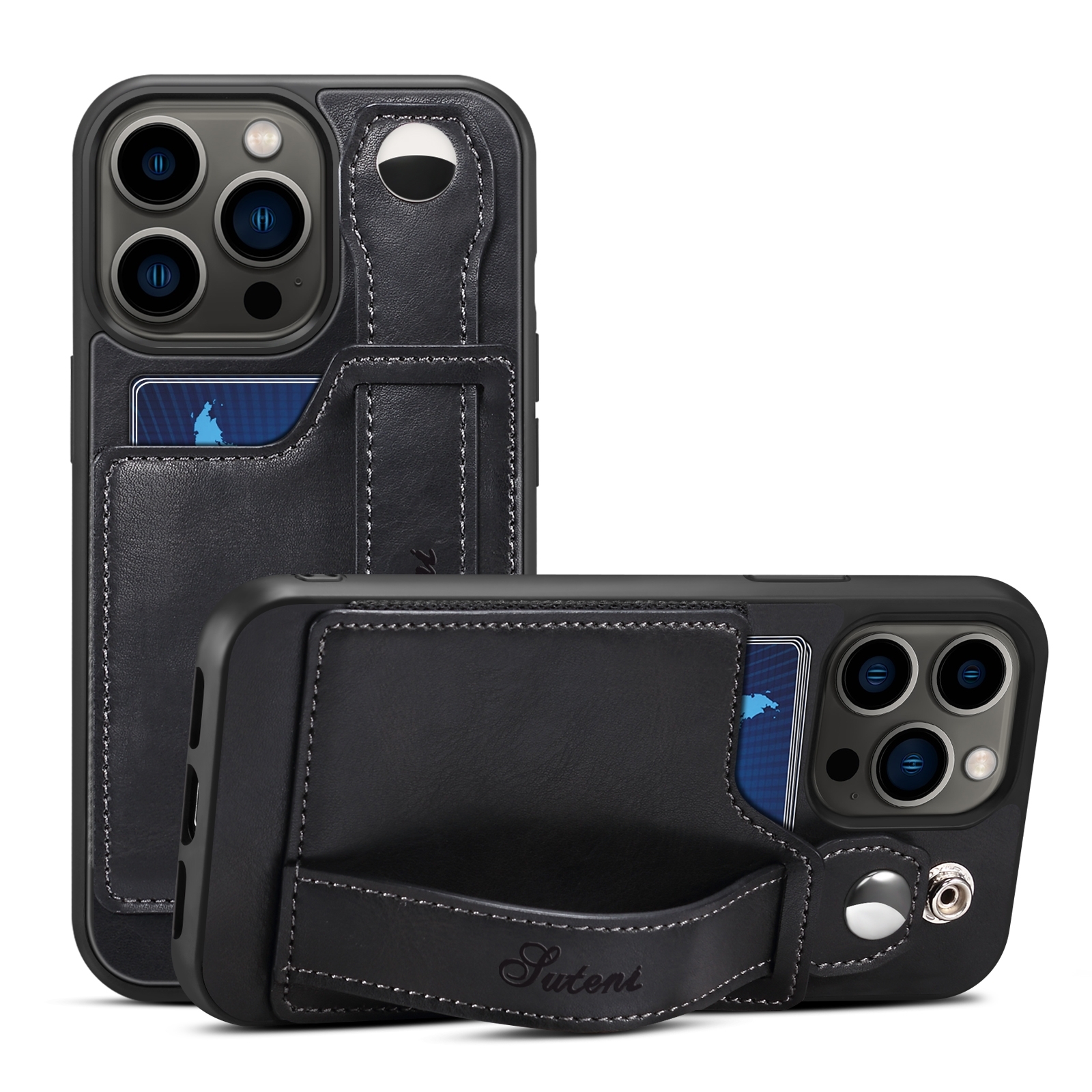 For iPhone 15 Pro SUTENI H12 Wrist Strap Leather Back Phone Case with Card Slot(Black) - Shopkiz.com