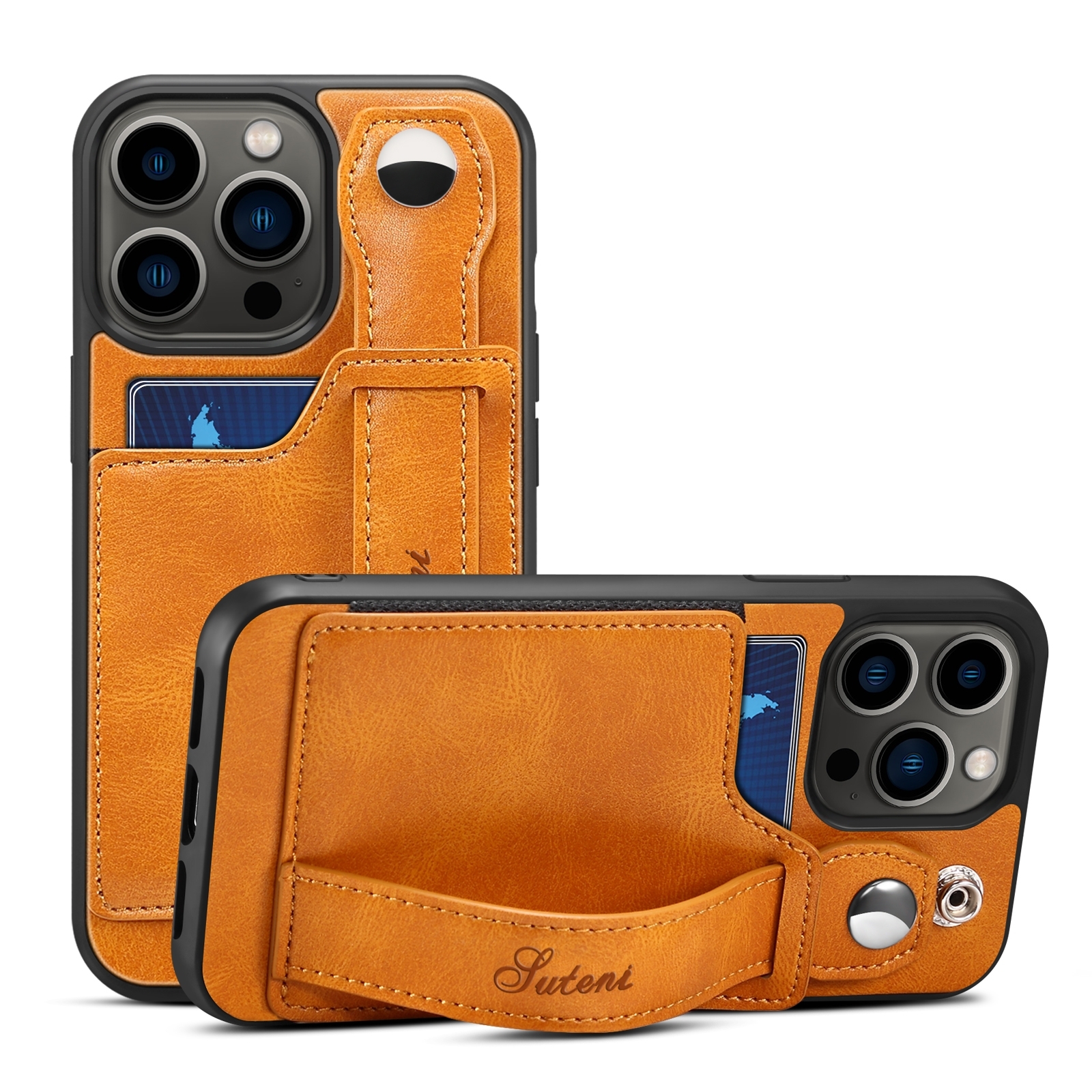 For iPhone 15 Pro SUTENI H12 Wrist Strap Leather Back Phone Case with Card Slot(Khaki) - Shopkiz.com