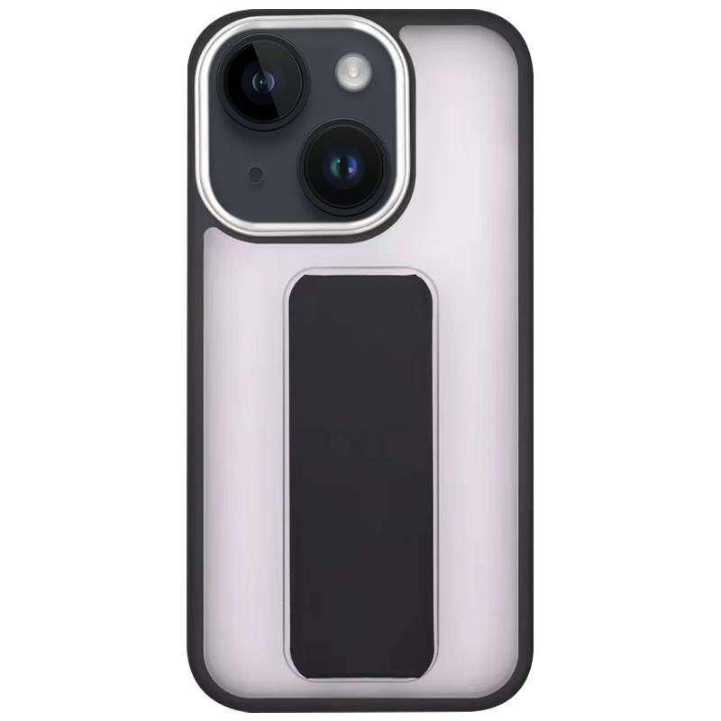 For iPhone 14 Skin-Feel Plating Wrist Strap Stand Phone Case(Black) - Shopkiz.com