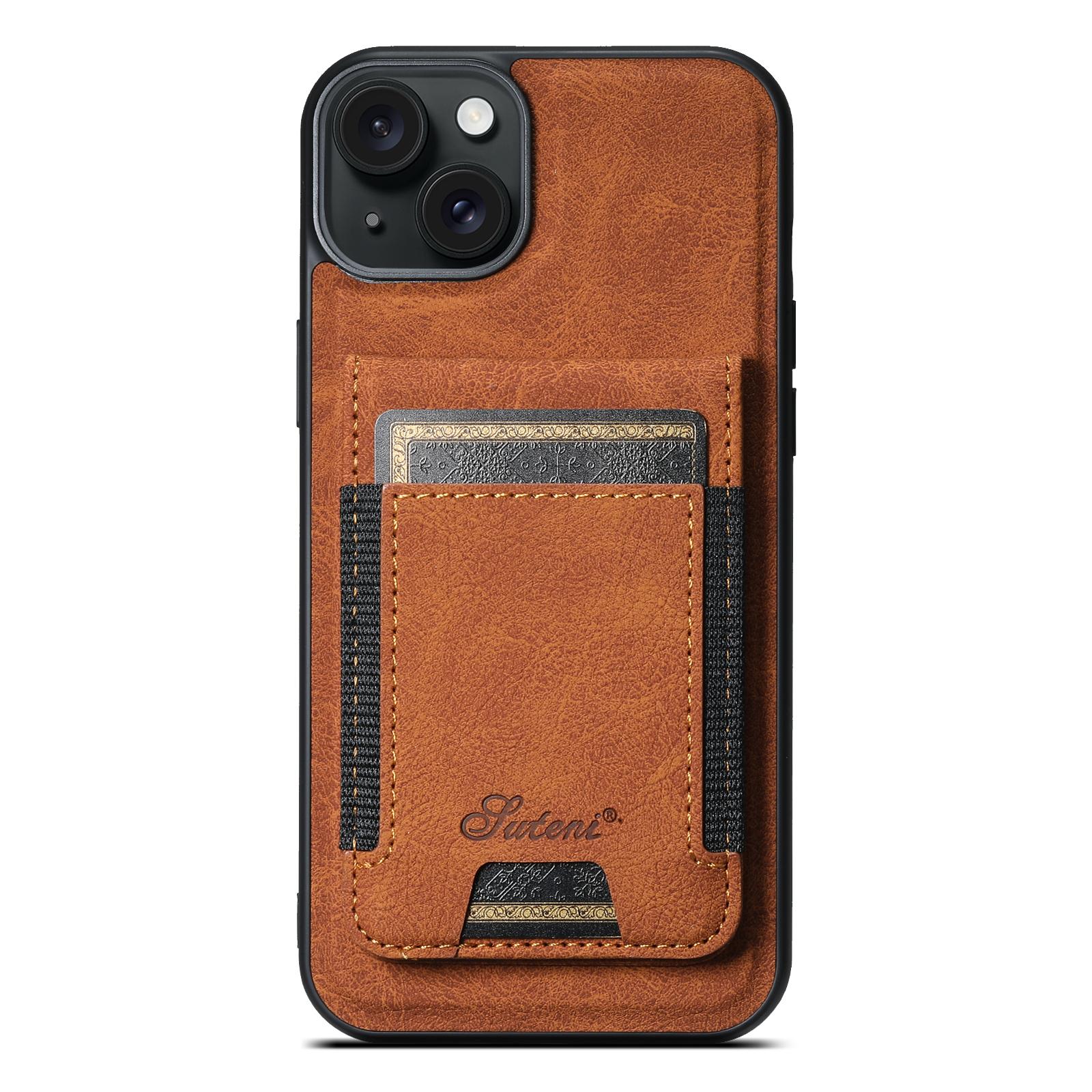 For iPhone 15 Suteni H17 Litchi Texture Leather MagSafe Detachable Wallet Phone Case(Khaki) - Shopkiz.com