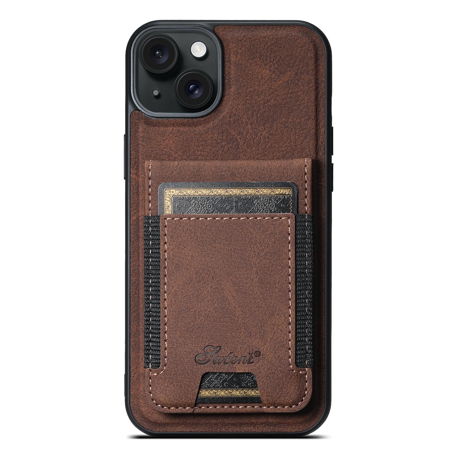 For iPhone 14 Plus Suteni H17 Litchi Texture Leather MagSafe Detachable Wallet Phone Case(Brown) - Shopkiz.com