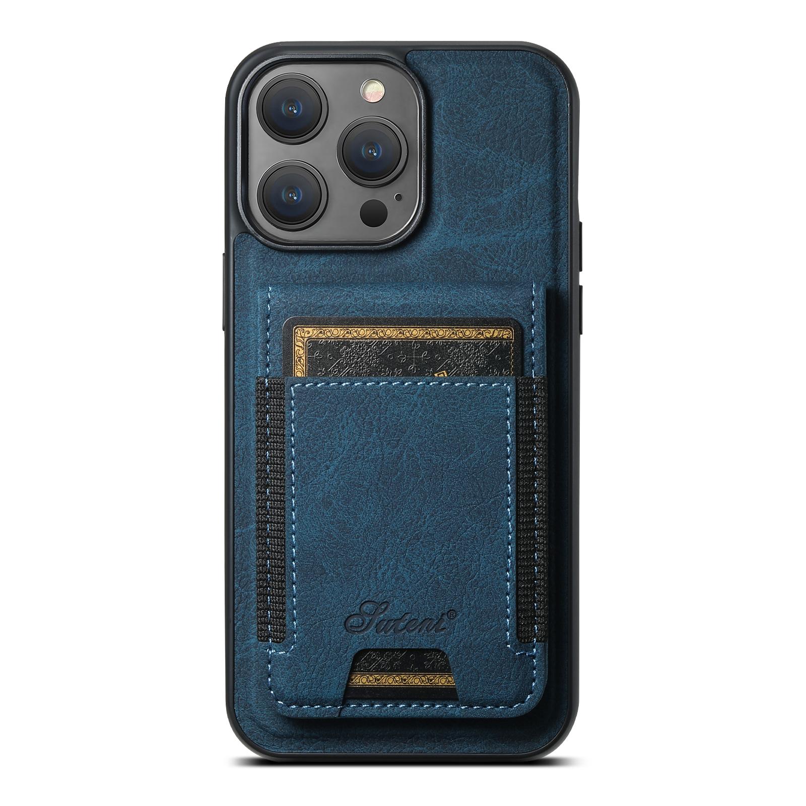 For iPhone 14 Suteni H17 Litchi Texture Leather MagSafe Detachable Wallet Phone Case(Blue) - Shopkiz.com