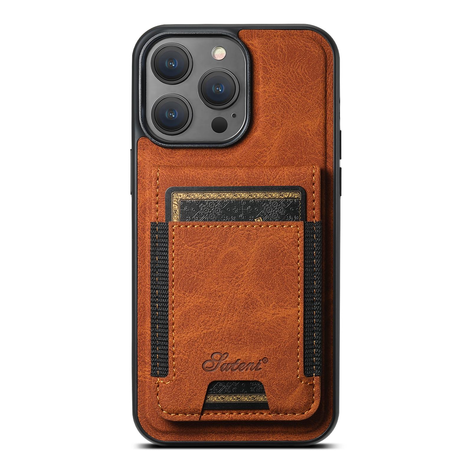 For iPhone 14 Pro Max Suteni H17 Litchi Texture Leather MagSafe Detachable Wallet Phone Case(Khaki) - Shopkiz.com