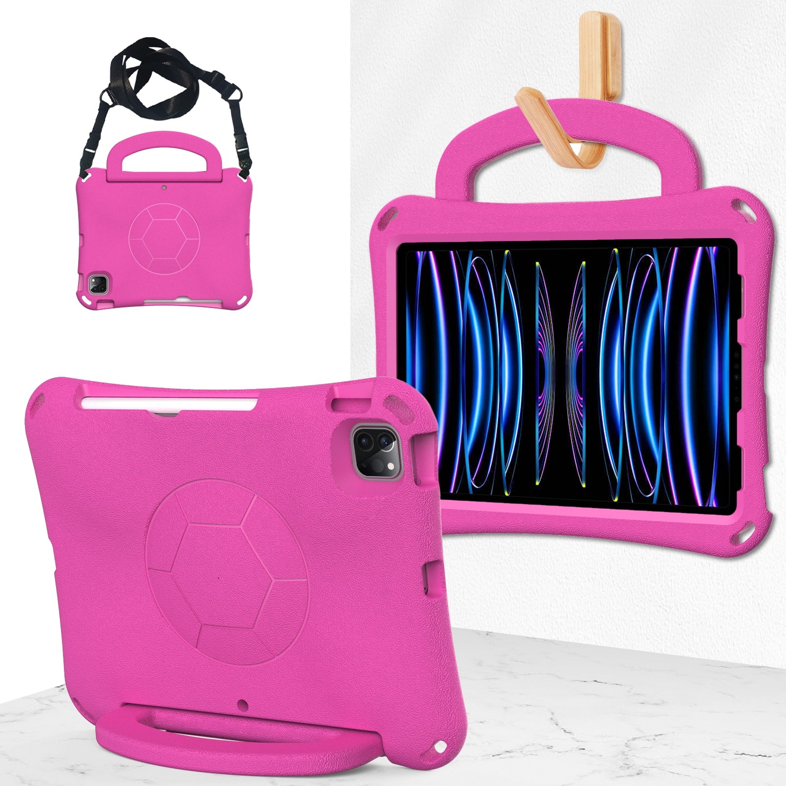 For iPad Pro 11 2018/2020/2021/2022 Handle Football Shaped EVA Shockproof Tablet Case(Rose Red) - Shopkiz.com