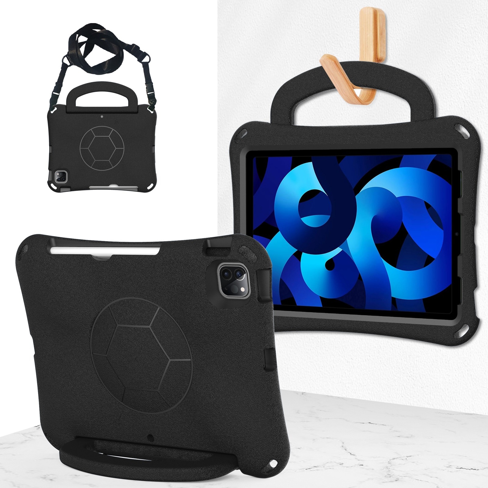 For iPad Air 10.9 2022 / 2020 Handle Football Shaped EVA Shockproof Tablet Case(Black) - Shopkiz.com