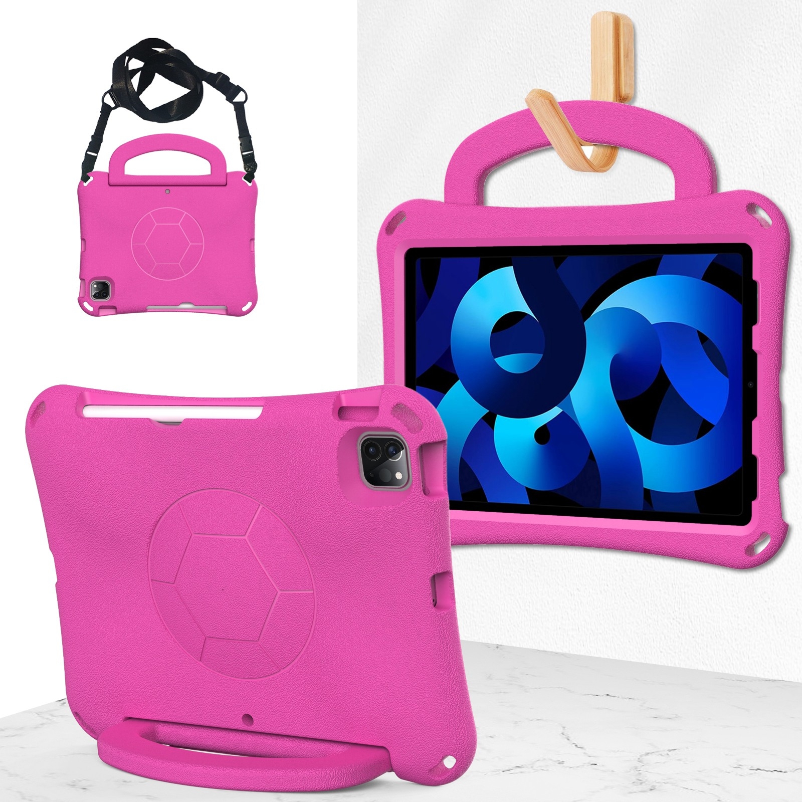 For iPad Air 10.9 2022 / 2020 Handle Football Shaped EVA Shockproof Tablet Case(Rose Red) - Shopkiz.com