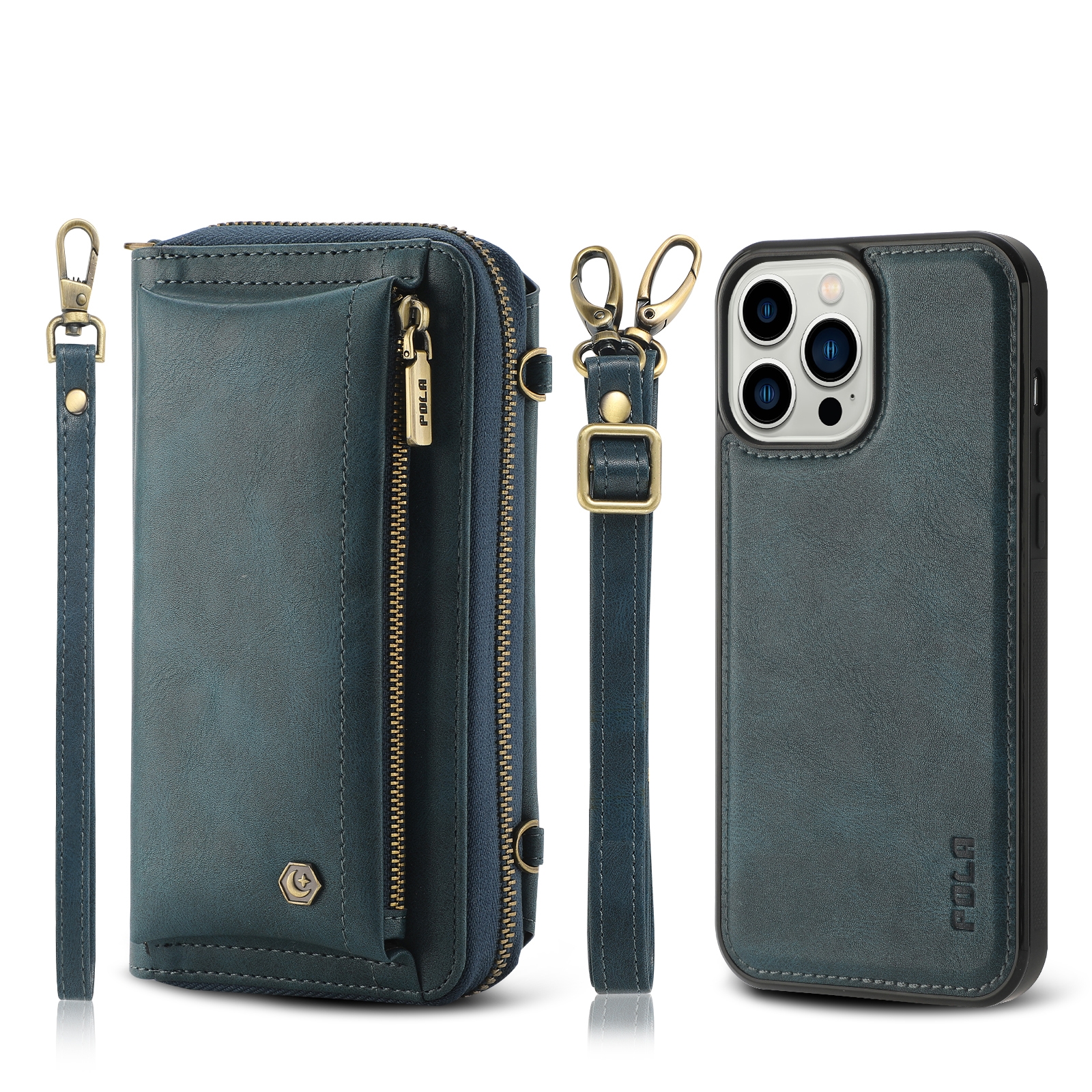 For iPhone 13 Pro Crossbody Multi-functional Zipper Wallet Leather Phone Case(Green) - Shopkiz.com
