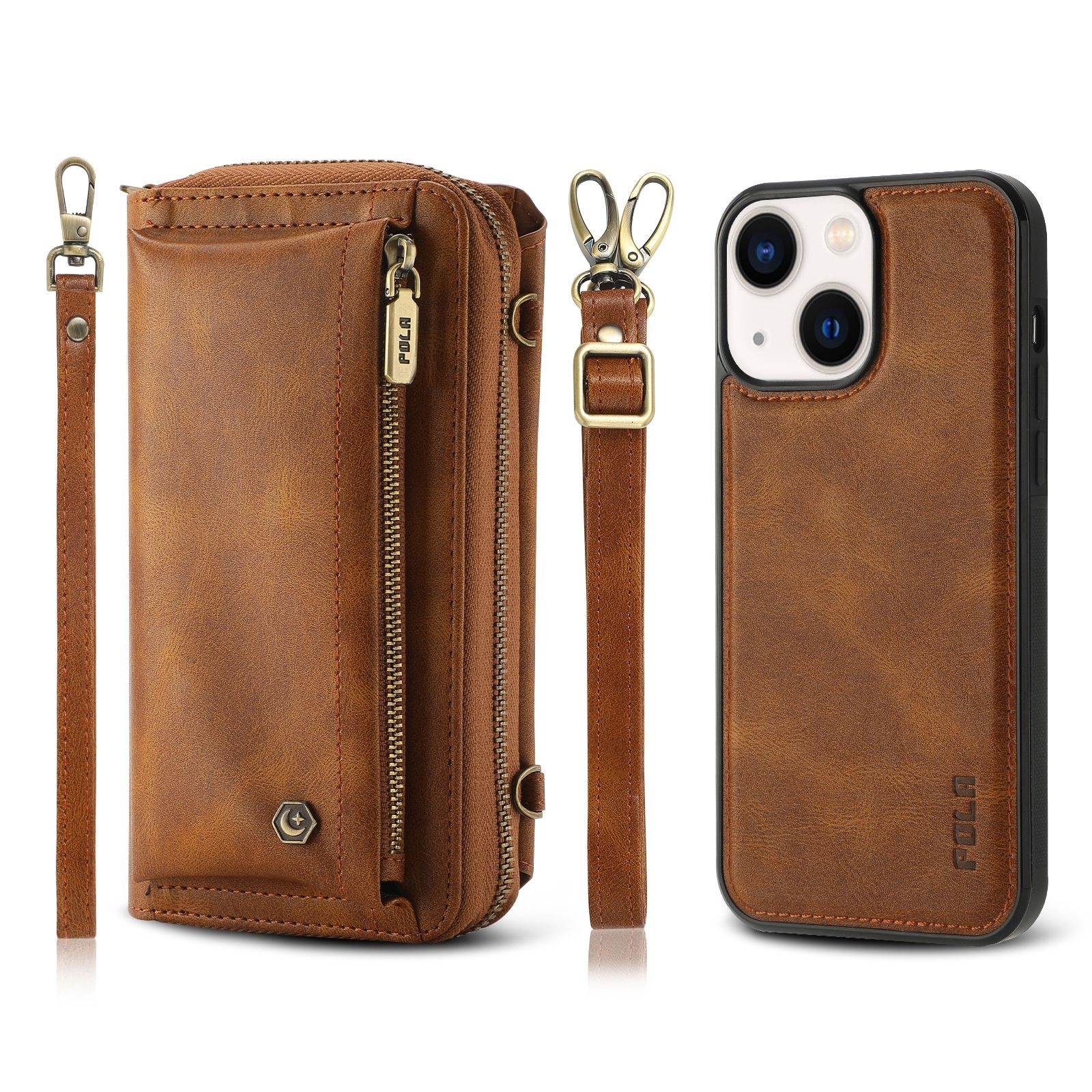 For iPhone 13 Crossbody Multi-functional Zipper Wallet Leather Phone Case(Brown) - Shopkiz.com