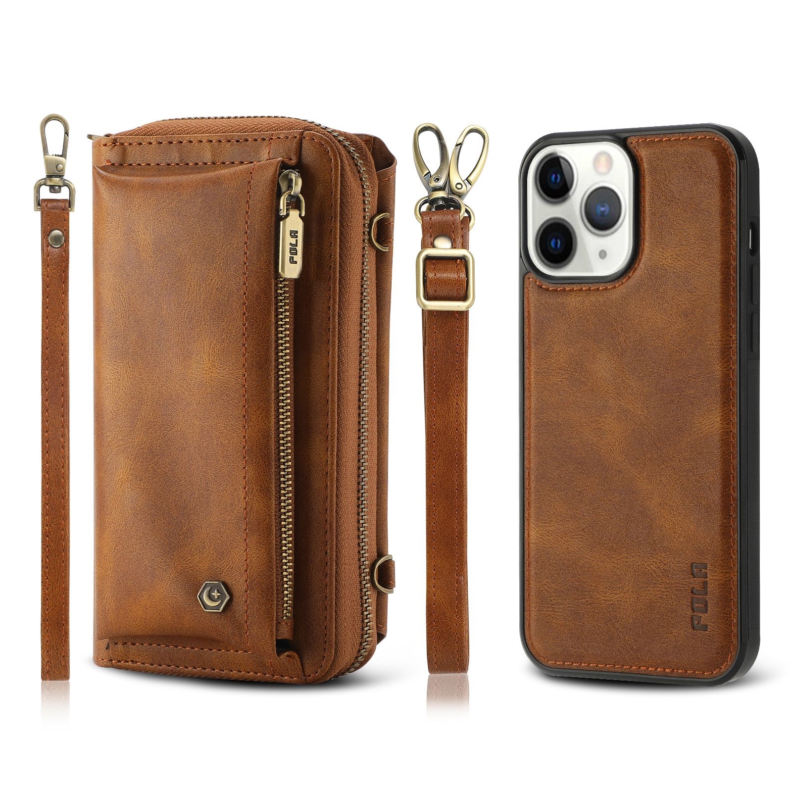 For iPhone 11 Pro Max Crossbody Multi-functional Zipper Wallet Leather Phone Case(Brown) - Shopkiz.com