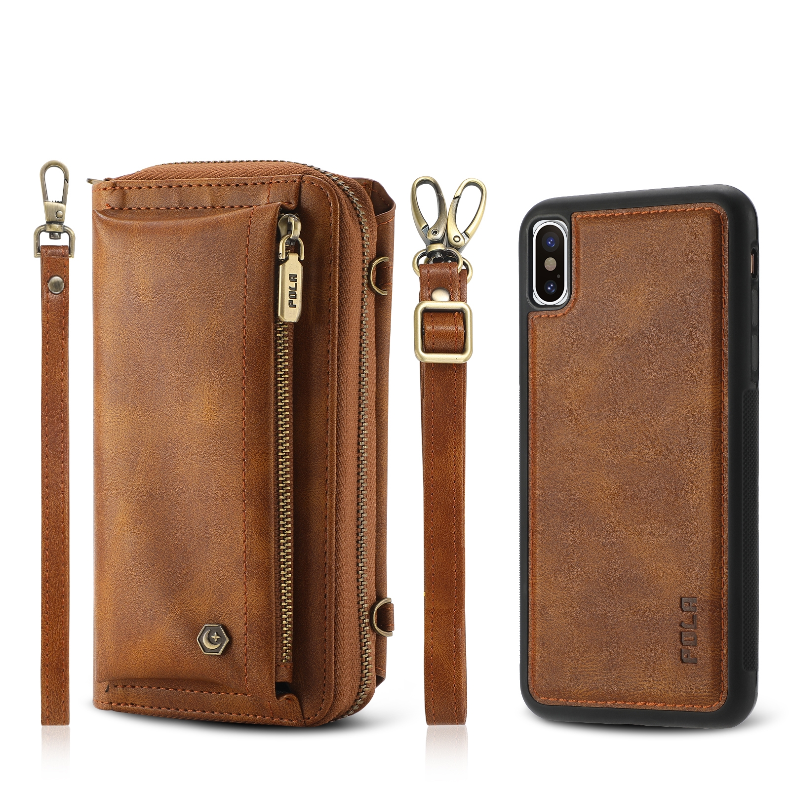 For iPhone X Crossbody Multi-functional Zipper Wallet Leather Phone Case(Brown) - Shopkiz.com