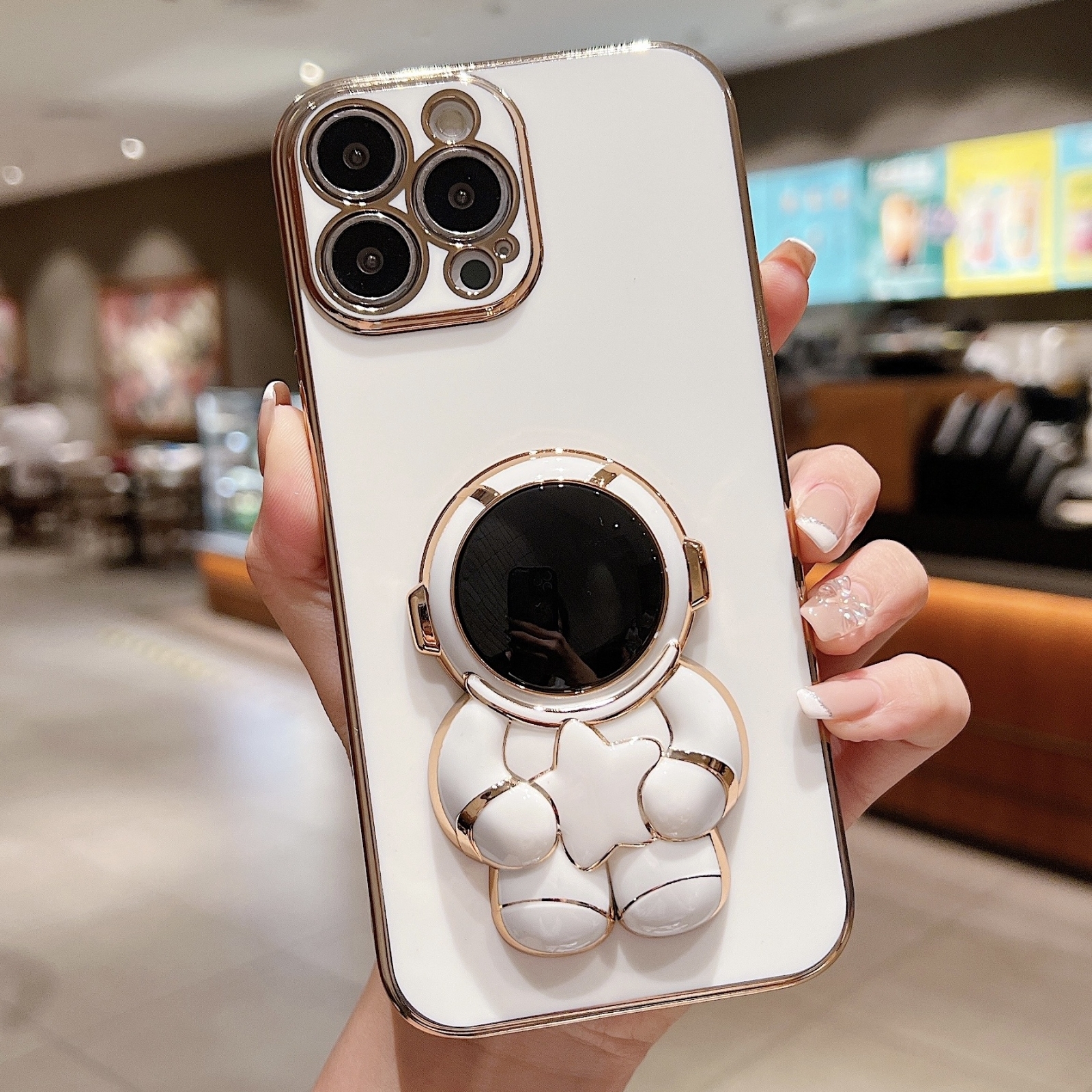 For iPhone 15 Pro Embrace Stars Electroplating Astronaut Holder Phone Case(White) - Shopkiz.com