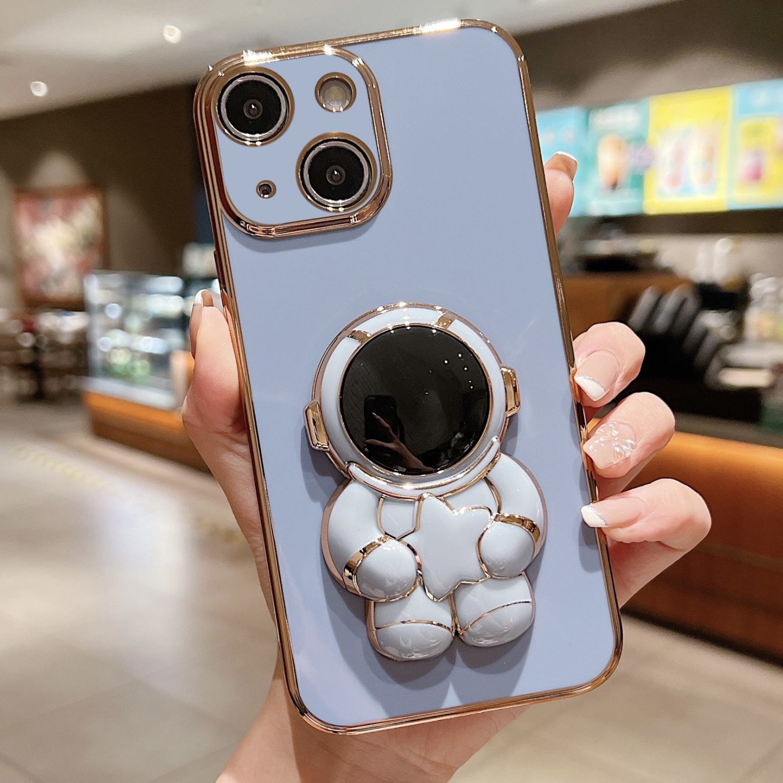 For iPhone 14 Plus Embrace Stars Electroplating Astronaut Holder Phone Case(Blue) - Shopkiz.com