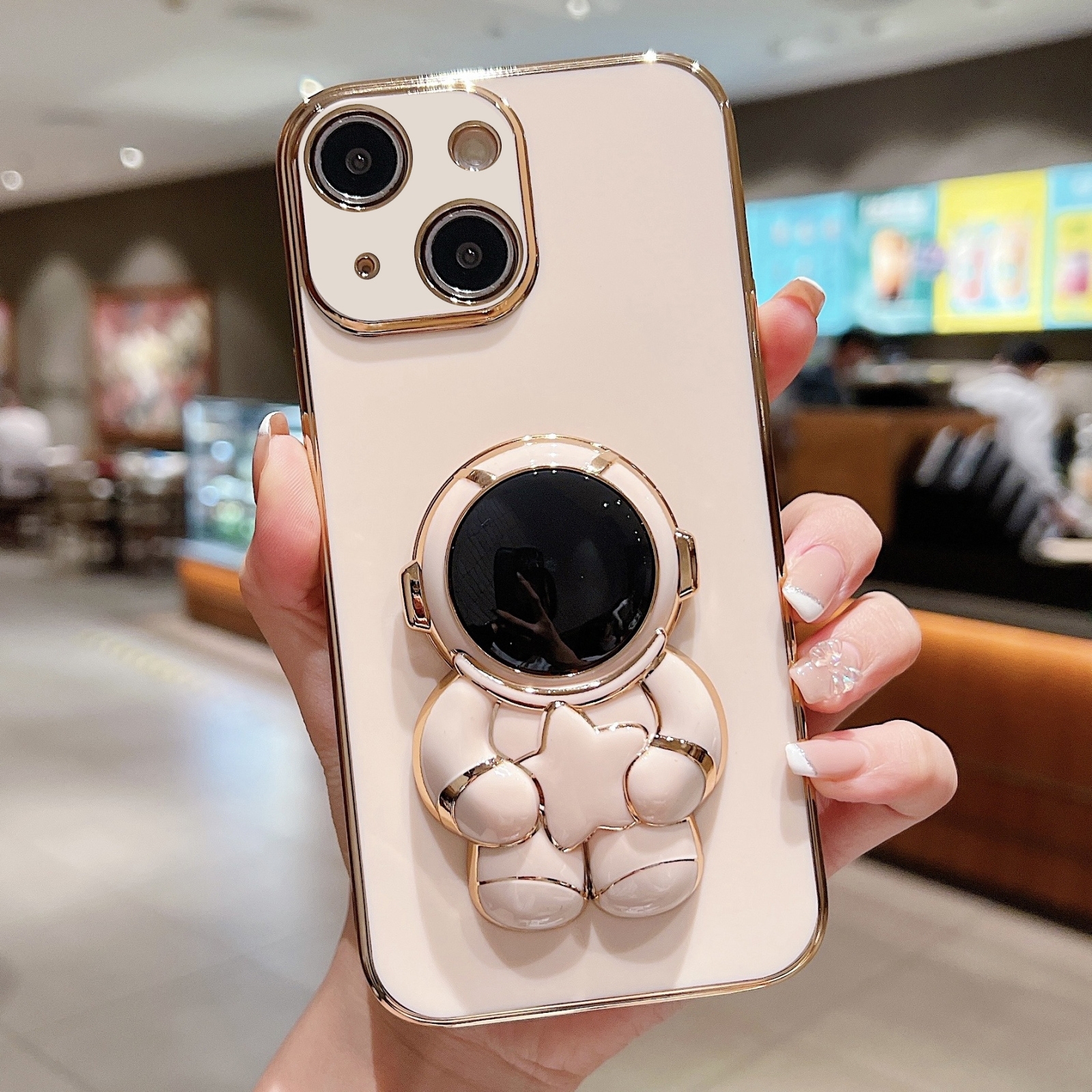 For iPhone 14 Embrace Stars Electroplating Astronaut Holder Phone Case(Pink) - Shopkiz.com