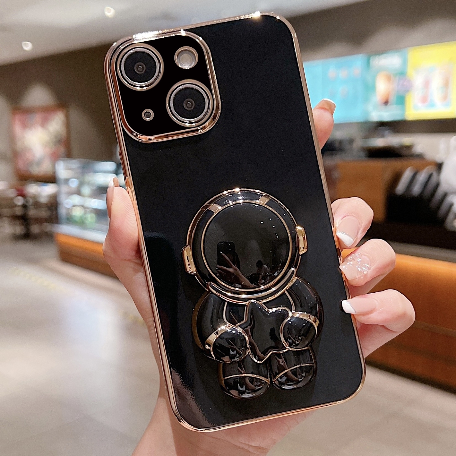 For iPhone 13 mini Embrace Stars Electroplating Astronaut Holder Phone Case(Black) - Shopkiz.com