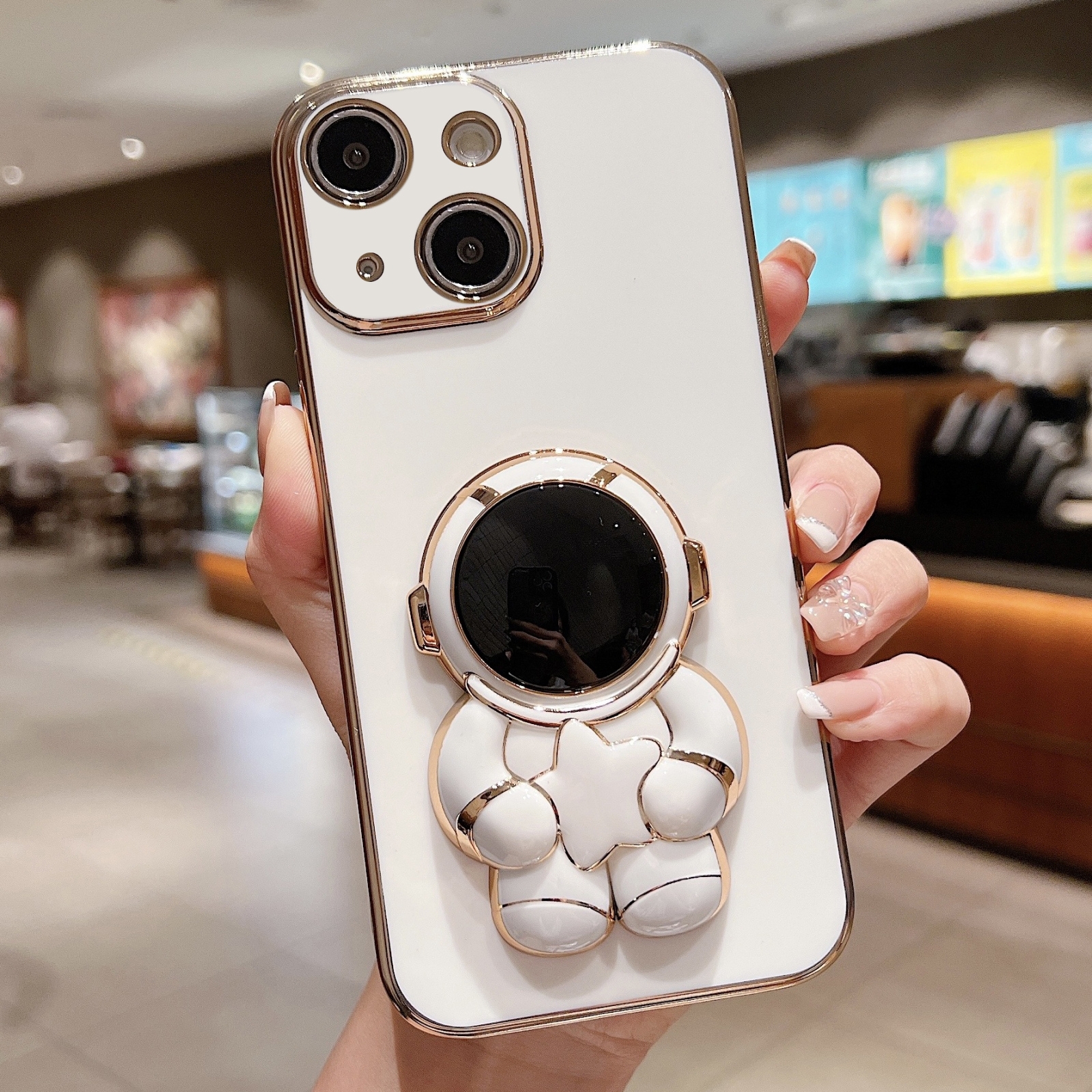 For iPhone 13 mini Embrace Stars Electroplating Astronaut Holder Phone Case(White) - Shopkiz.com