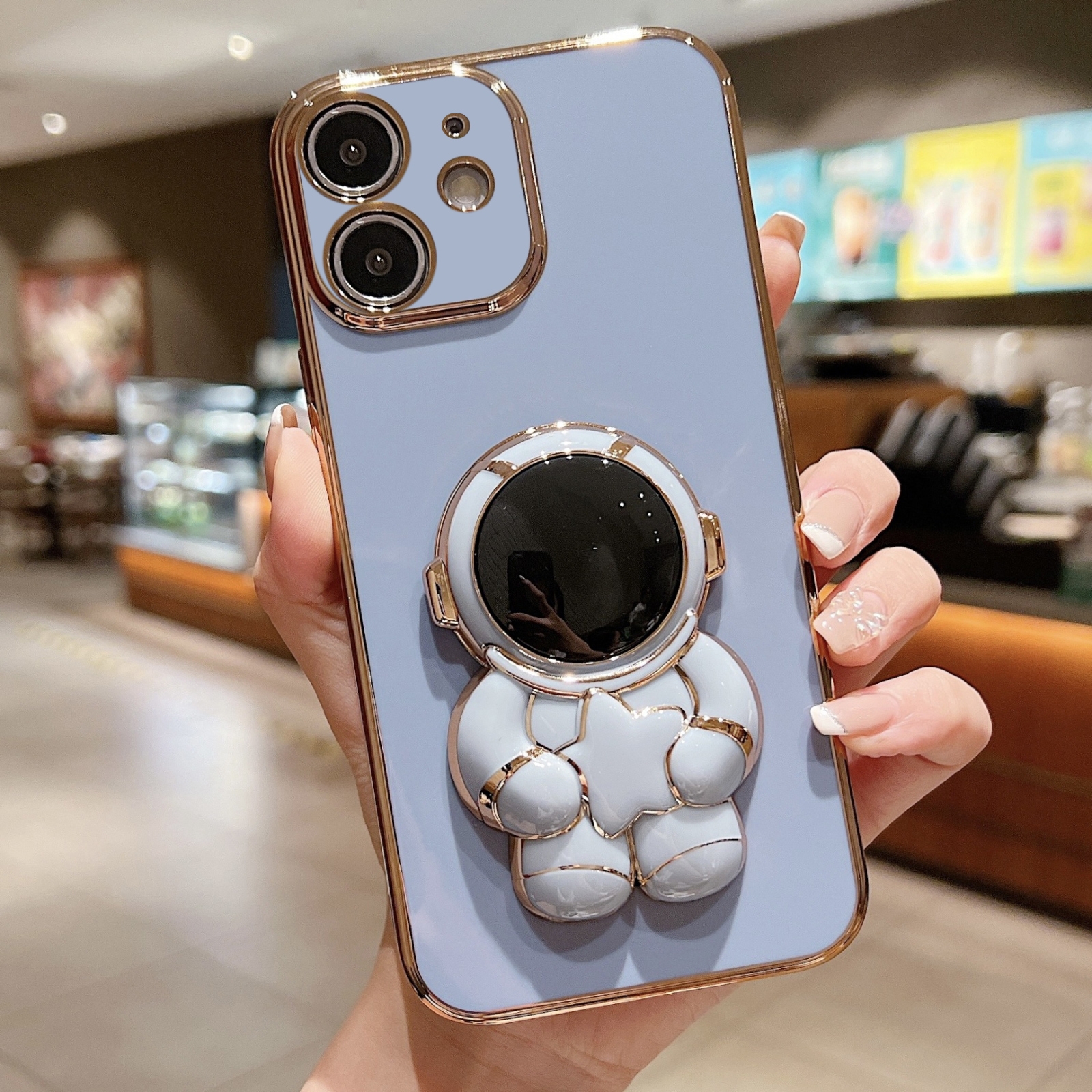 For iPhone 12 mini Embrace Stars Electroplating Astronaut Holder Phone Case(Blue) - Shopkiz.com