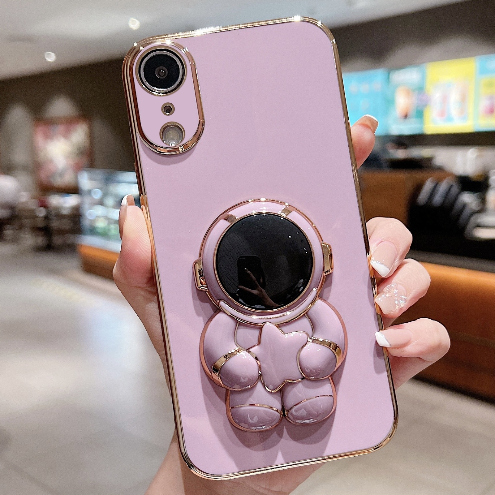 For iPhone XR Embrace Stars Electroplating Astronaut Holder Phone Case(Purple) - Shopkiz.com