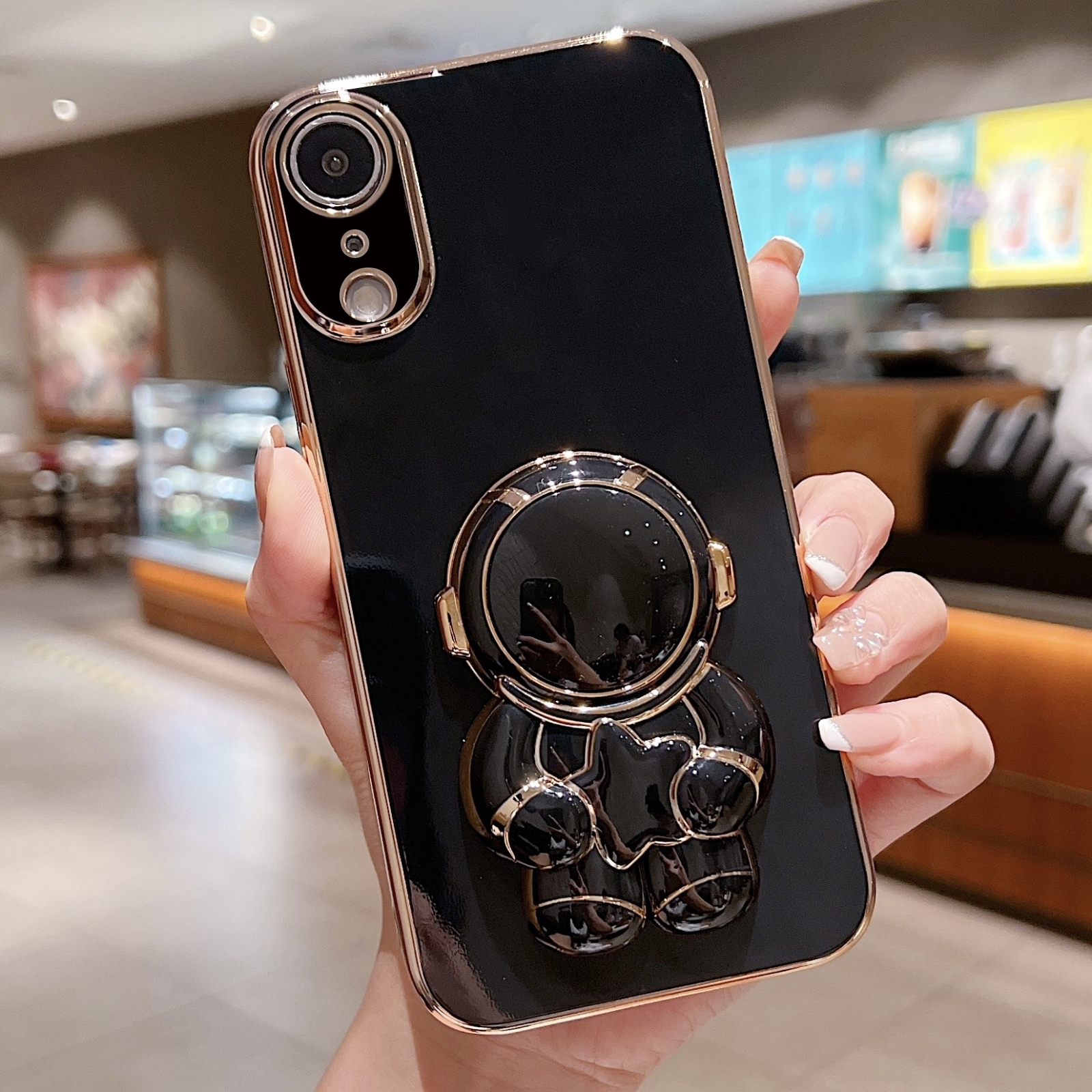 For iPhone XR Embrace Stars Electroplating Astronaut Holder Phone Case(Black) - Shopkiz.com