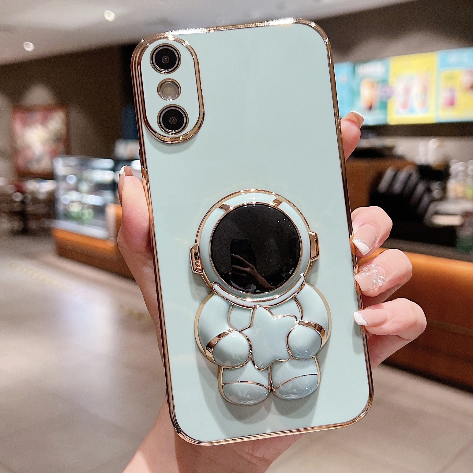For iPhone XS Max Embrace Stars Electroplating Astronaut Holder Phone Case(Green) - Shopkiz.com