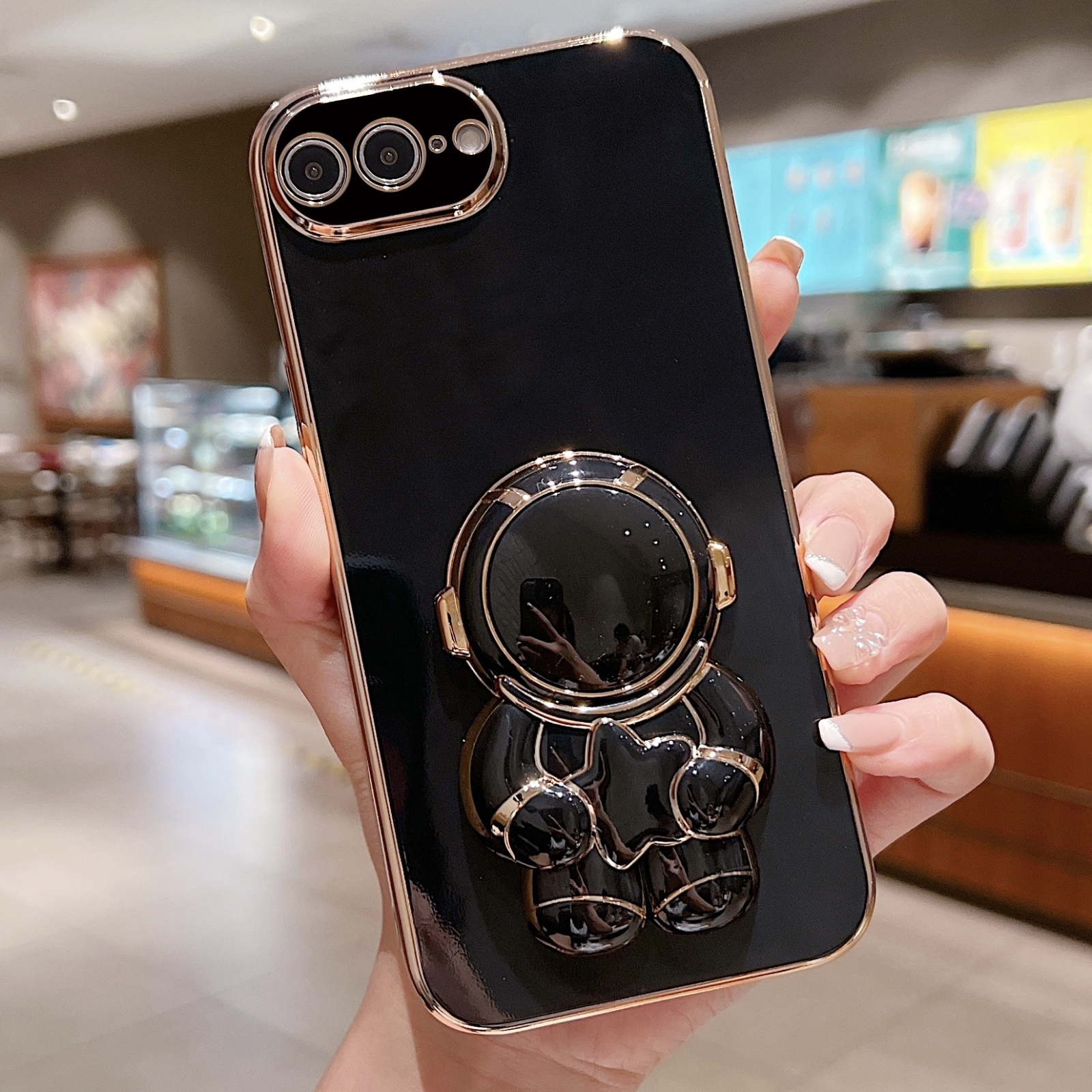For iPhone 7 Plus / 8 Plus Embrace Stars Electroplating Astronaut Holder Phone Case(Black) - Shopkiz.com