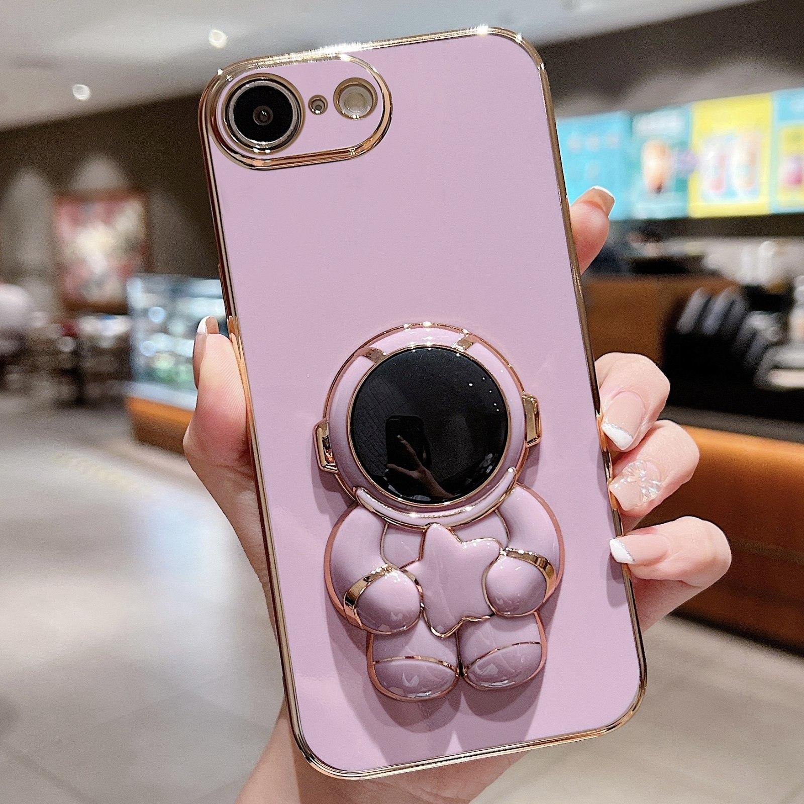 For iPhone 17e / 16e Embrace Stars Electroplating Astronaut Holder Phone Case(Purple) - Shopkiz.com