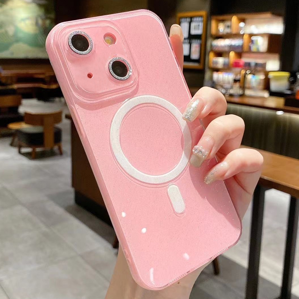 For iPhone 14 Plus / 15 Plus Jelly Glitter Solid Color MagSafe TPU Phone Case(Peach Pink) - Shopkiz.com
