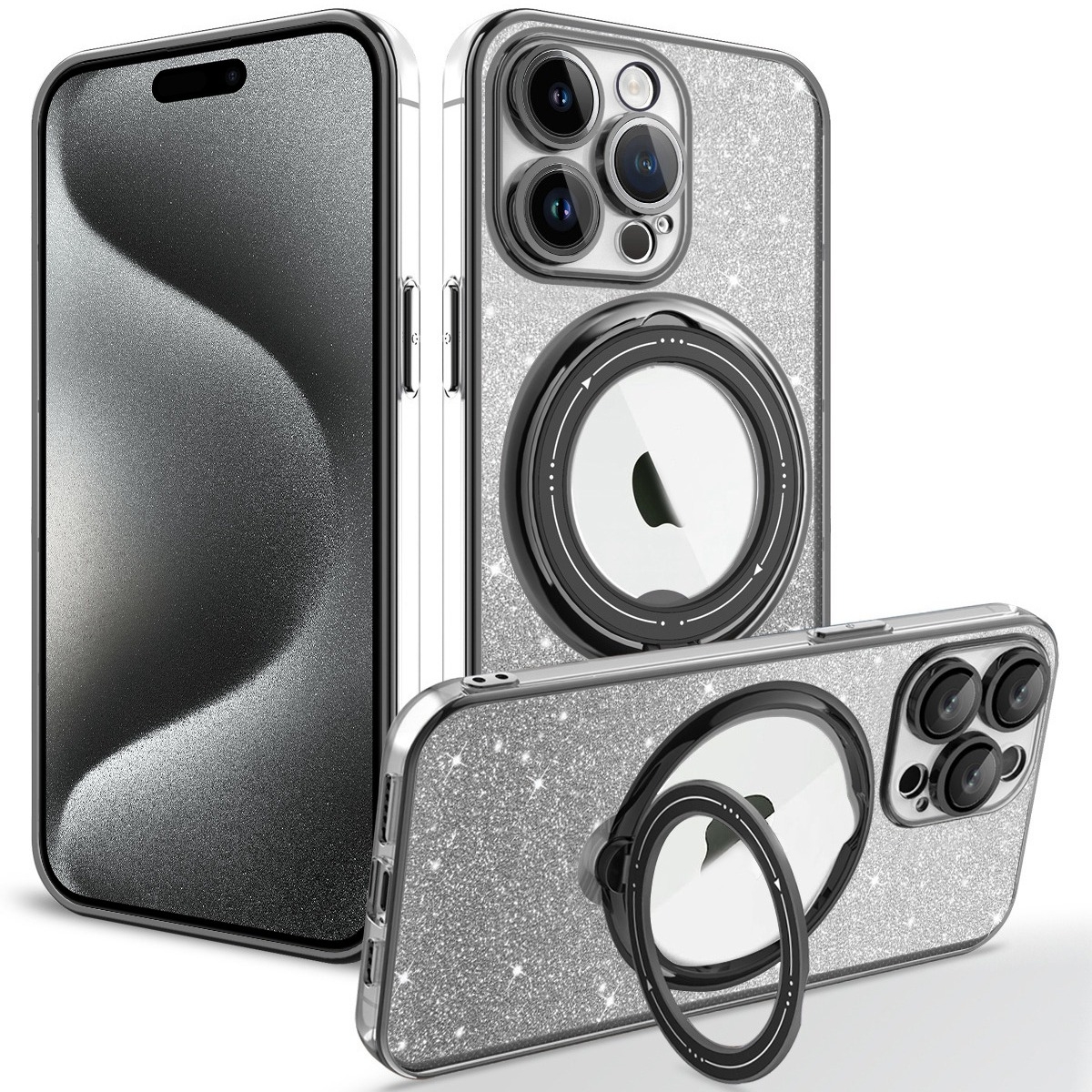 For iPhone 15 Pro Max Rotation MagSafe Holder Gradient Glitter TPU Phone Case(Black) - Shopkiz.com