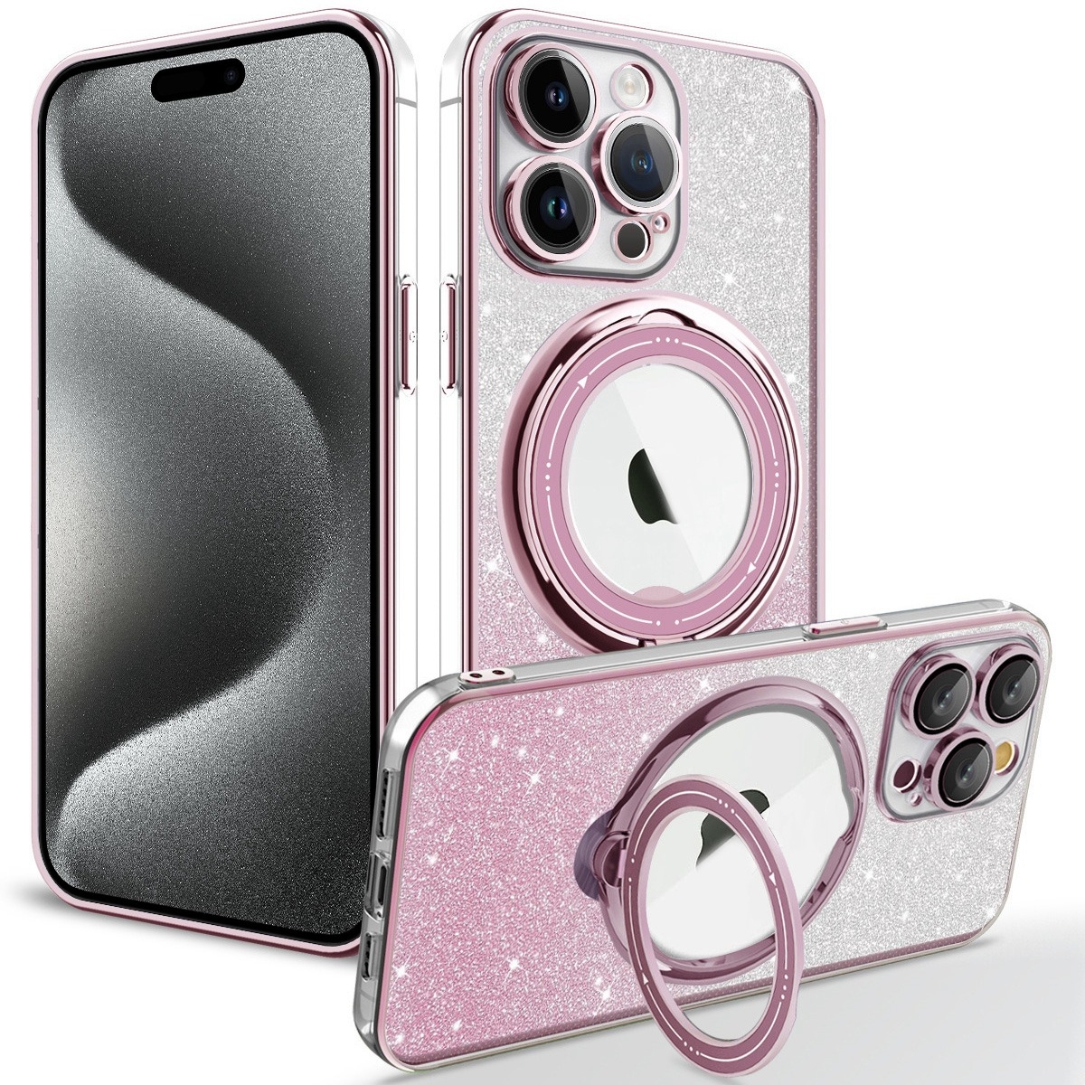 For iPhone 15 Pro Max Rotation MagSafe Holder Gradient Glitter TPU Phone Case(Pink) - Shopkiz.com