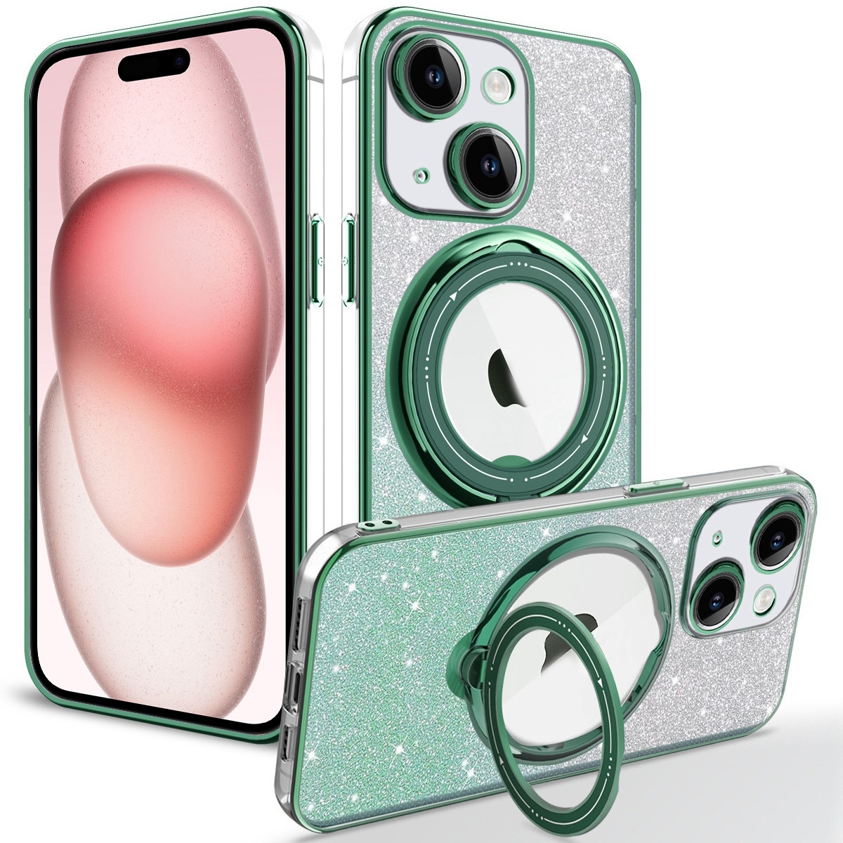 For iPhone 15 Plus Rotation MagSafe Holder Gradient Glitter TPU Phone Case(Cangling) - Shopkiz.com
