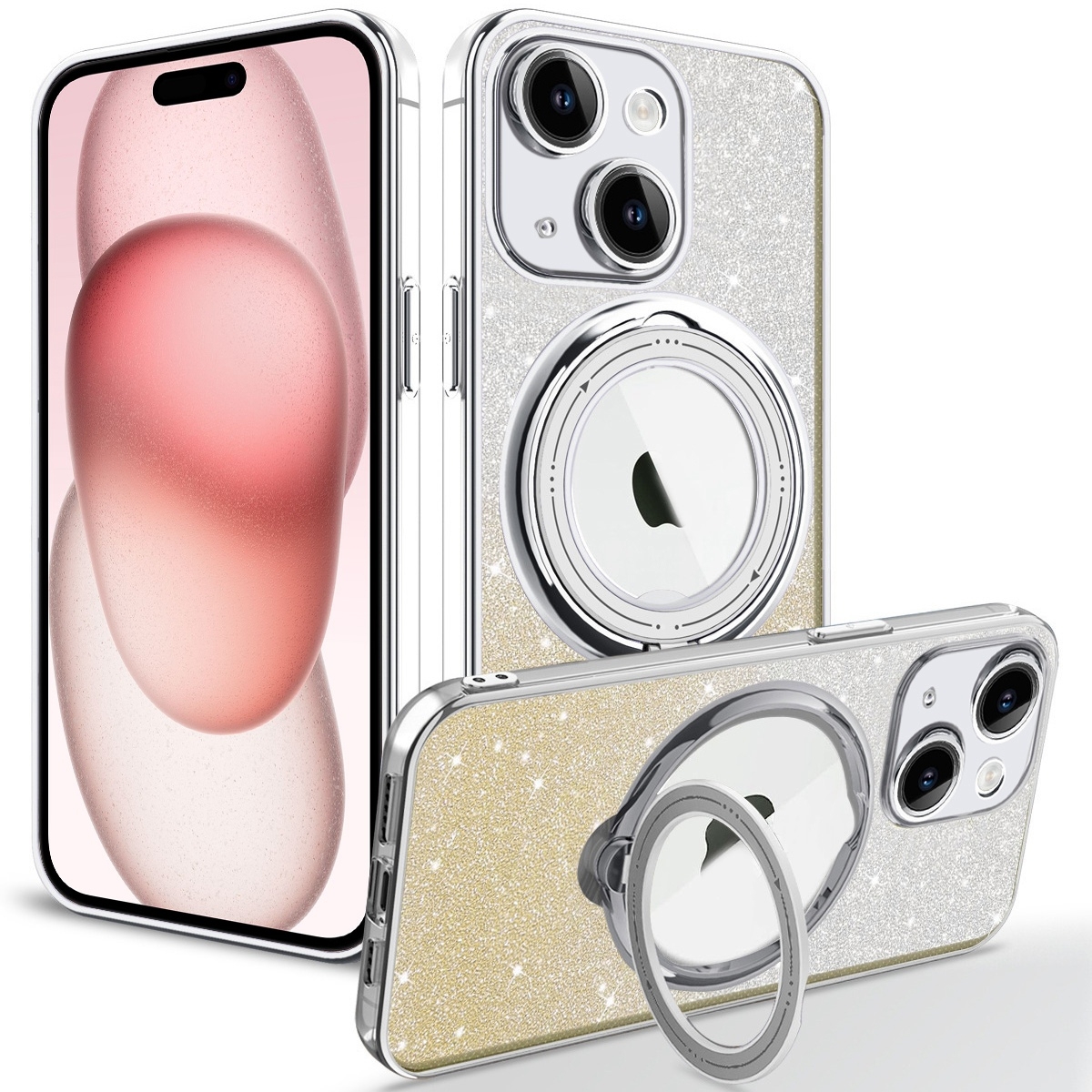 For iPhone 15 Rotation MagSafe Holder Gradient Glitter TPU Phone Case(Gold) - Shopkiz.com