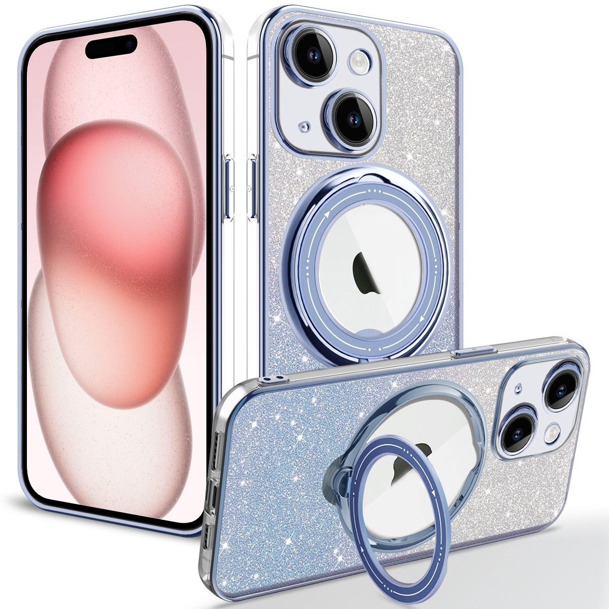 For iPhone 15 Rotation MagSafe Holder Gradient Glitter TPU Phone Case(Sierra Blue) - Shopkiz.com