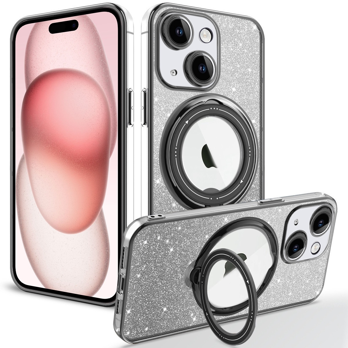 For iPhone 15 Rotation MagSafe Holder Gradient Glitter TPU Phone Case(Black) - Shopkiz.com