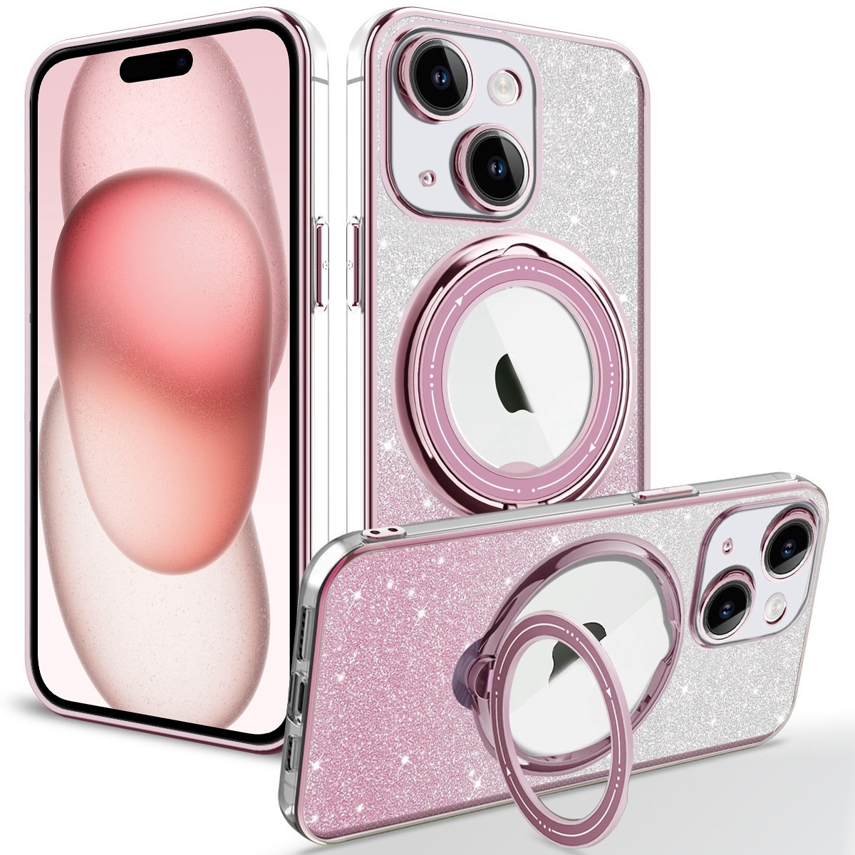 For iPhone 15 Rotation MagSafe Holder Gradient Glitter TPU Phone Case(Pink) - Shopkiz.com