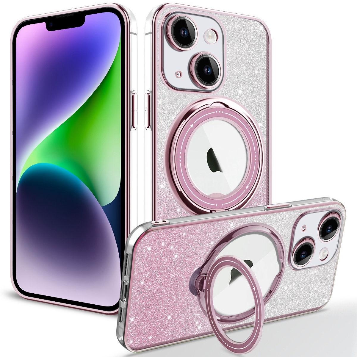 For iPhone 14 Plus Rotation MagSafe Holder Gradient Glitter TPU Phone Case(Pink) - Shopkiz.com