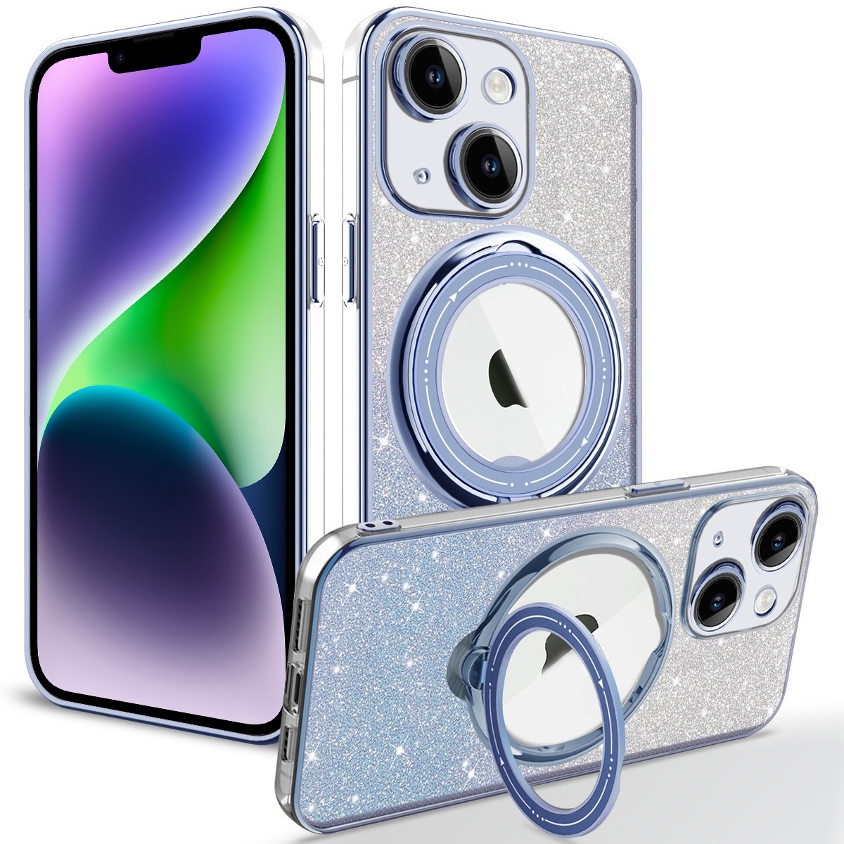 For iPhone 14 Rotation MagSafe Holder Gradient Glitter TPU Phone Case(Sierra Blue) - Shopkiz.com