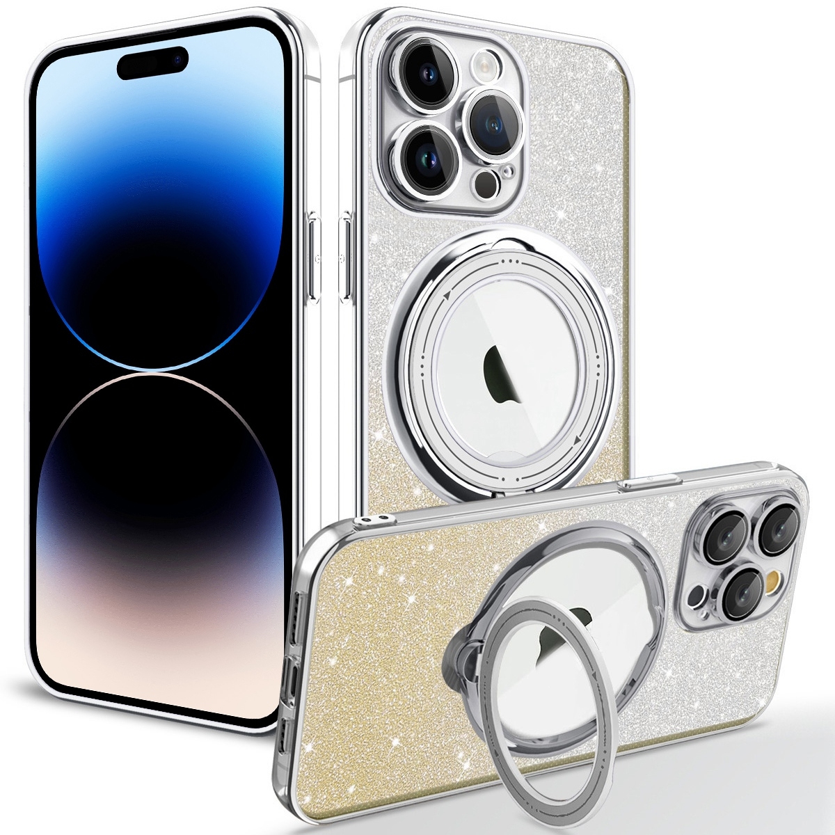 For iPhone 14 Pro Max Rotation MagSafe Holder Gradient Glitter TPU Phone Case(Gold) - Shopkiz.com