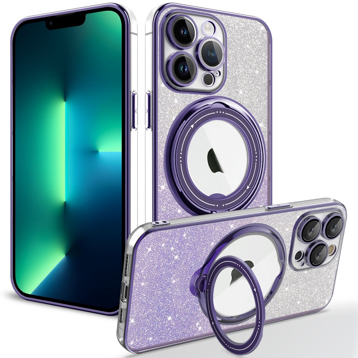 For iPhone 13 Pro Max Rotation MagSafe Holder Gradient Glitter TPU Phone Case(Night Purple) - Shopkiz.com