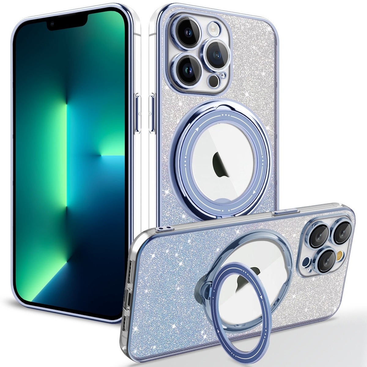 For iPhone 13 Pro Max Rotation MagSafe Holder Gradient Glitter TPU Phone Case(Sierra Blue) - Shopkiz.com