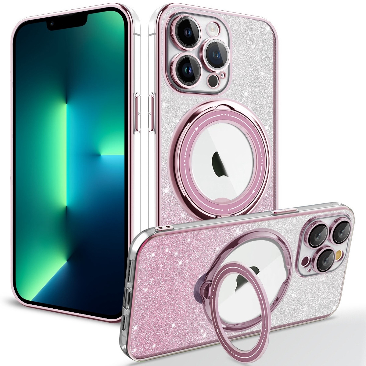 For iPhone 13 Pro Max Rotation MagSafe Holder Gradient Glitter TPU Phone Case(Pink) - Shopkiz.com